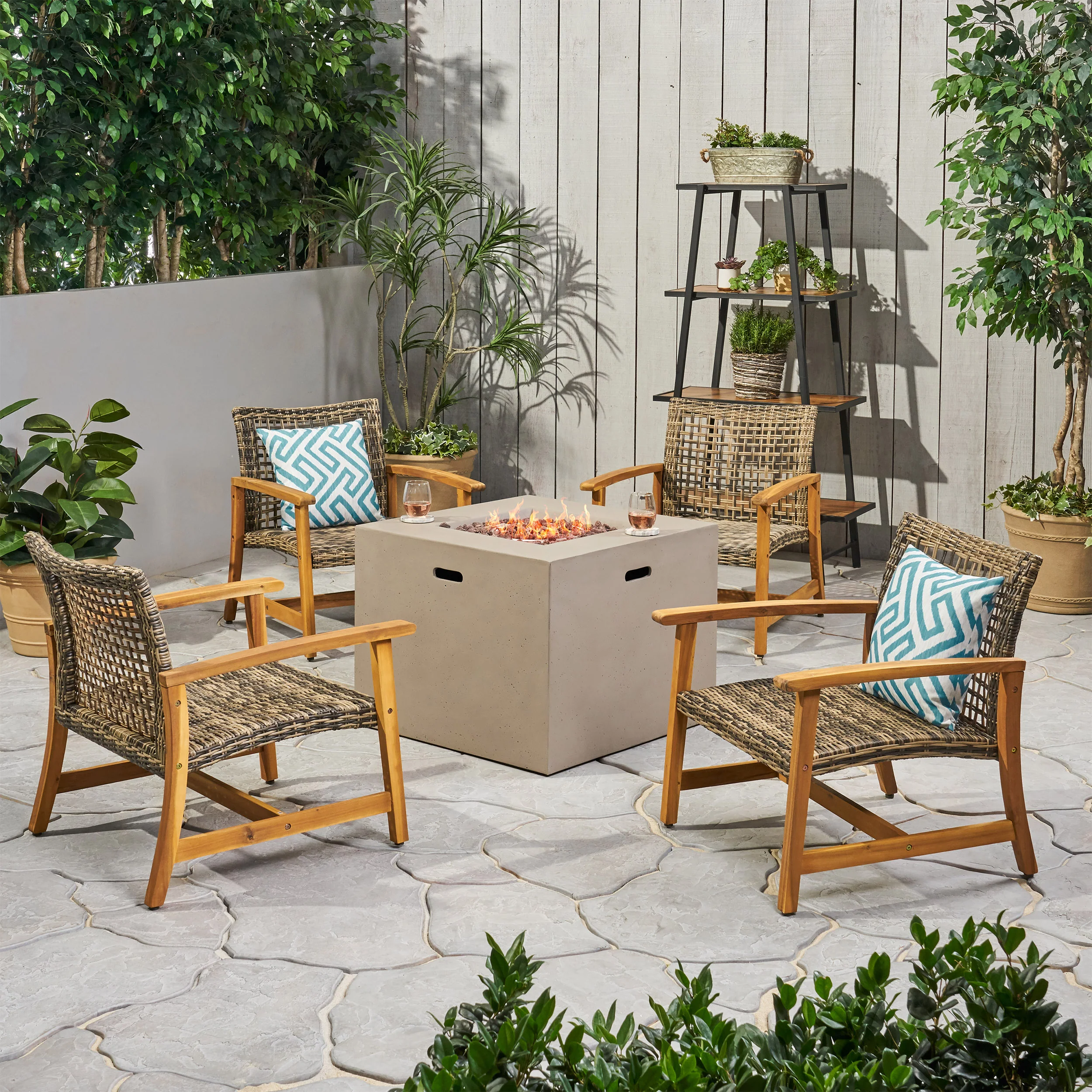 Tabby Outdoor 5 Piece Wood and Wicker Club Chairs and Fire Pit Set - furnishings