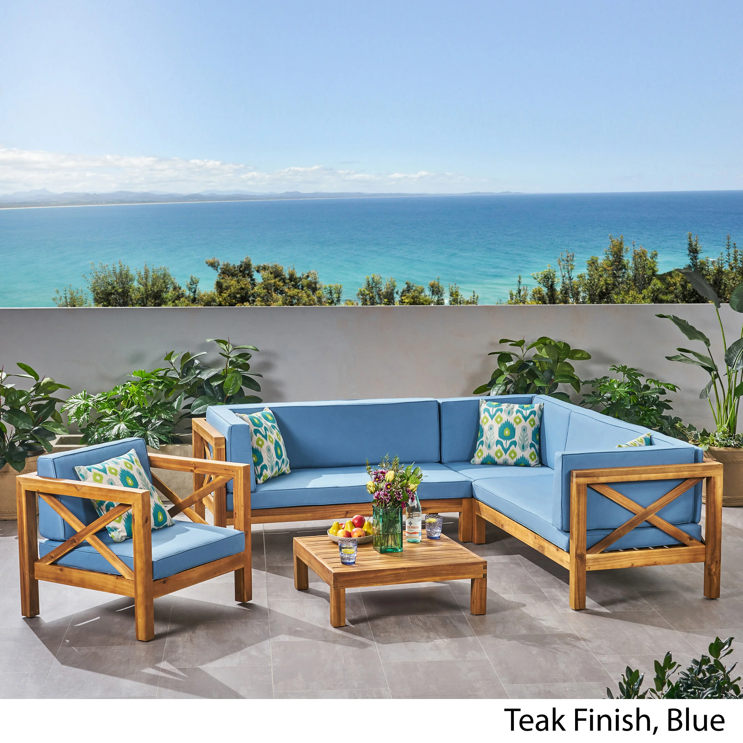 Morgan Outdoor 6 Seater Acacia Wood Sectional Sofa and Club Chair Set - furnishings