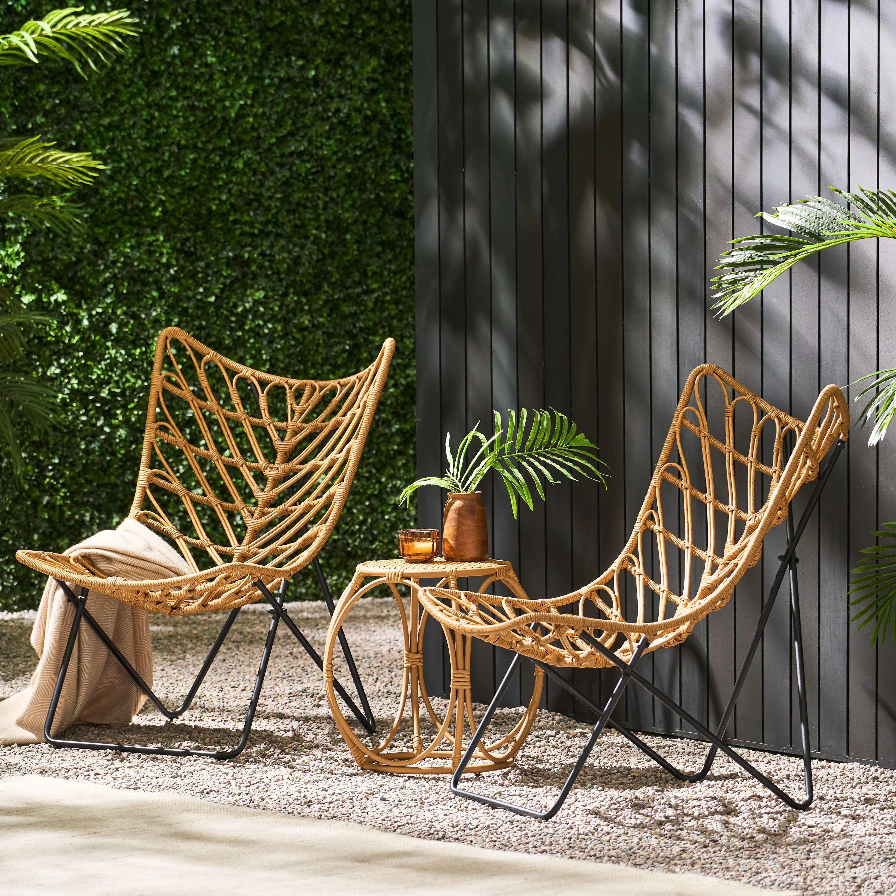 Danbury Outdoor Boho Modern Wicker 3 Piece Chat Set - furnishings