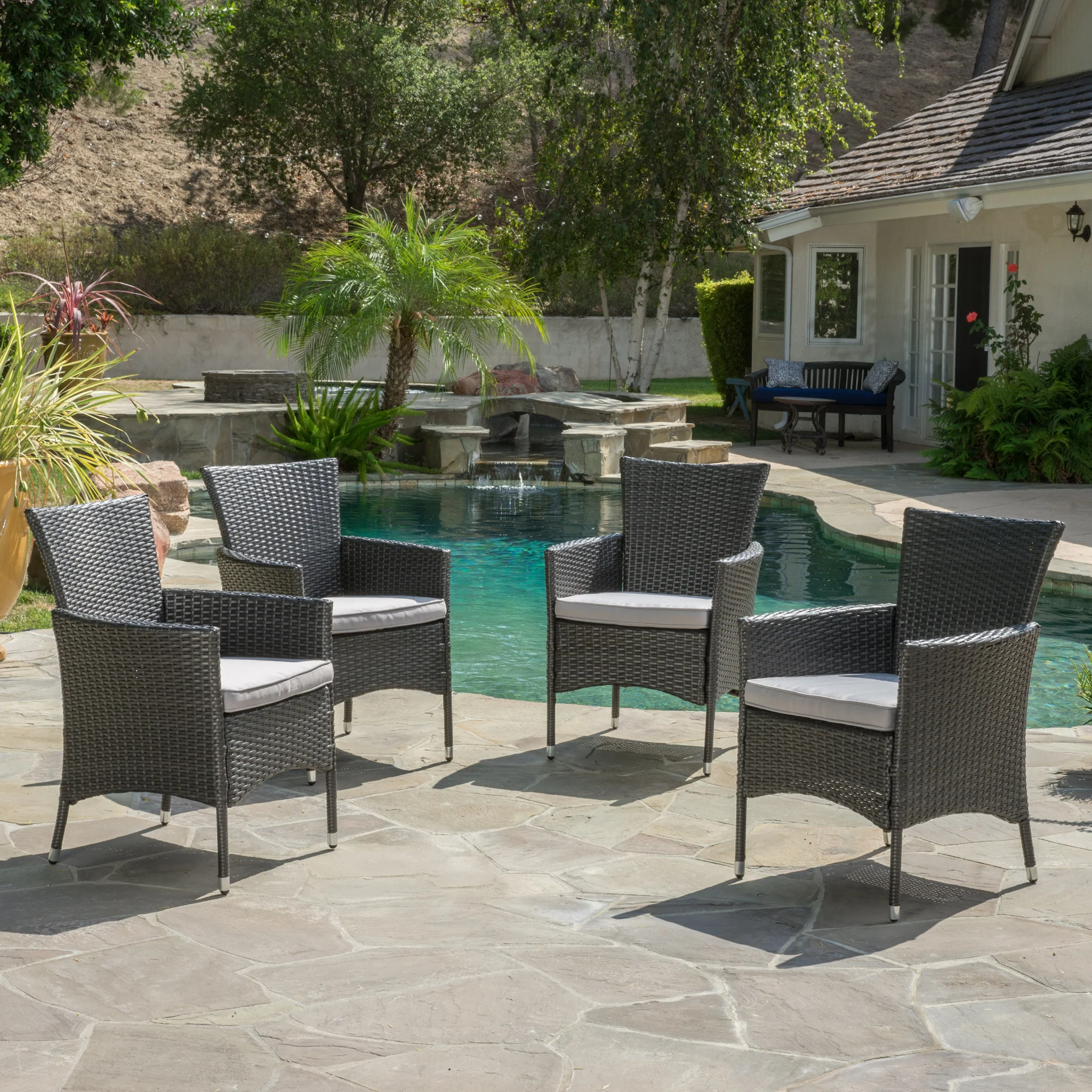 Brascha Contemporary Outdoor PE Wicker Dining Chairs w/ Cushions - furnishings