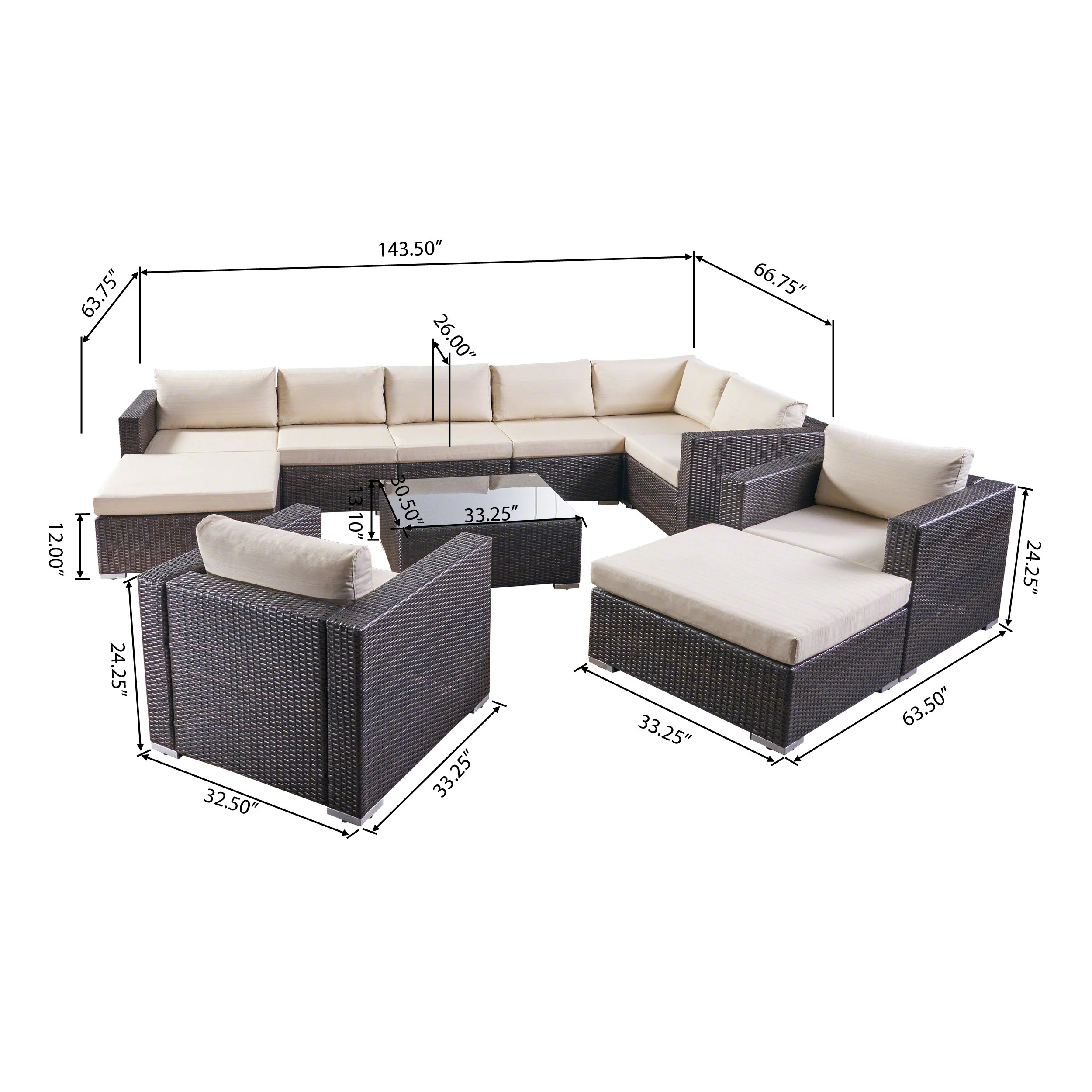 Tom Rosa Outdoor 8 Seater Wicker Sectional Sofa Set with Cushions - furnishings
