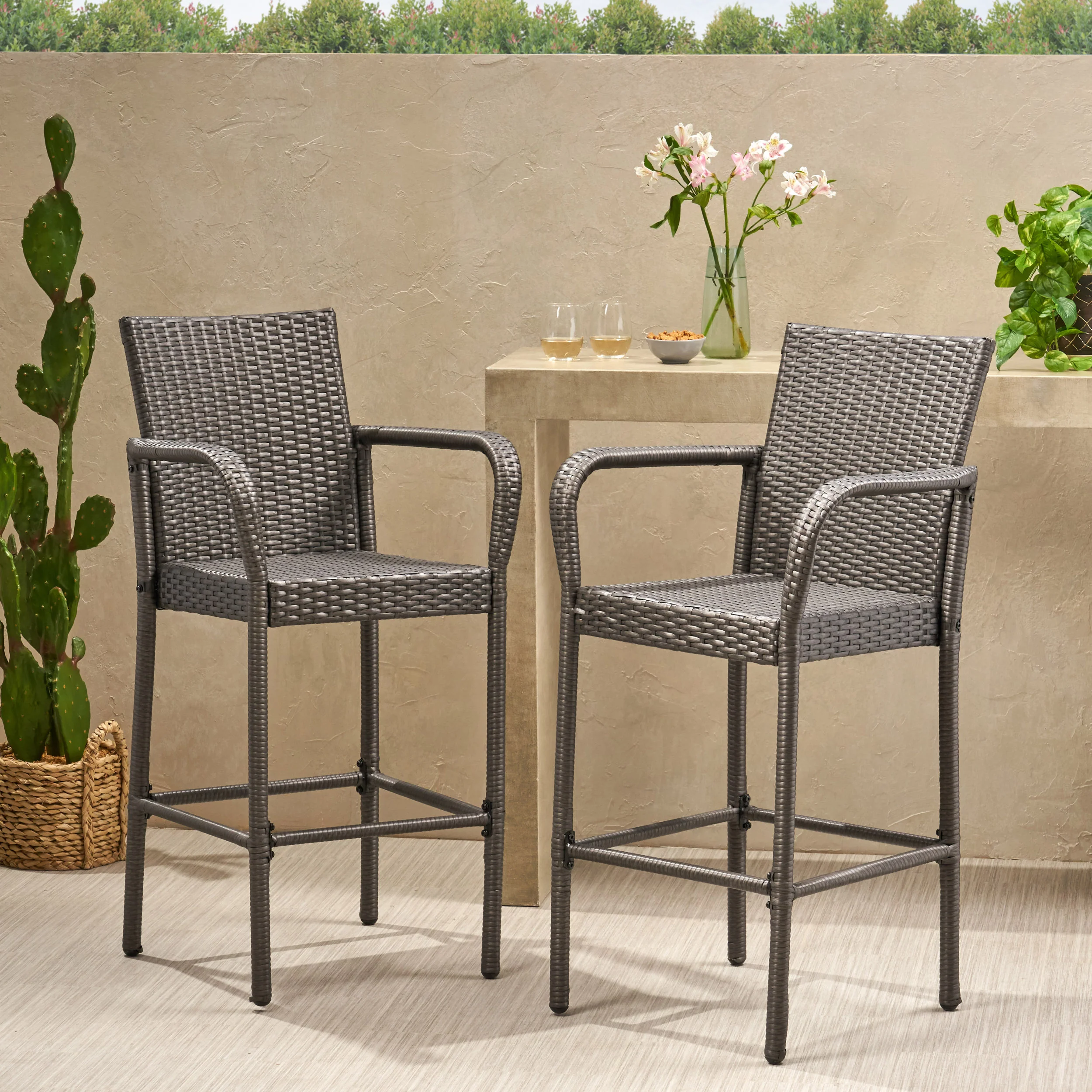 Dunedin Outdoor Coastal Wicker Backed Barstools with Arms - furnishings