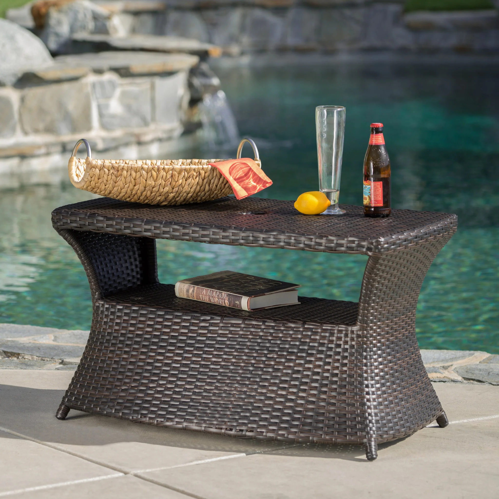 Banta Outdoor Modern Wicker Shelf Side Table with Umbrella Hole - furnishings