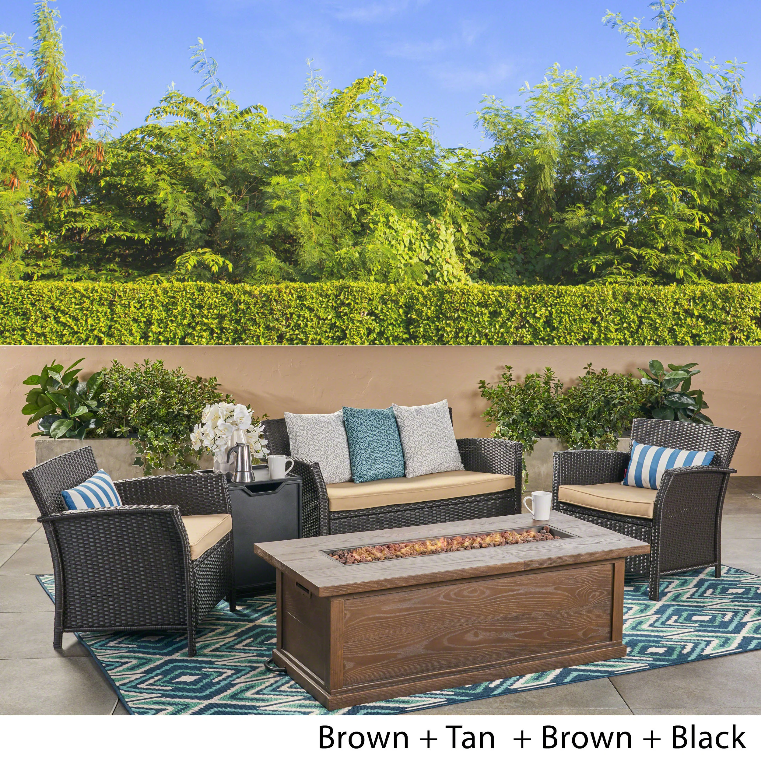 Laiah Outdoor 4 Seater Wicker Chat Set with Iron Fire Pit - furnishings