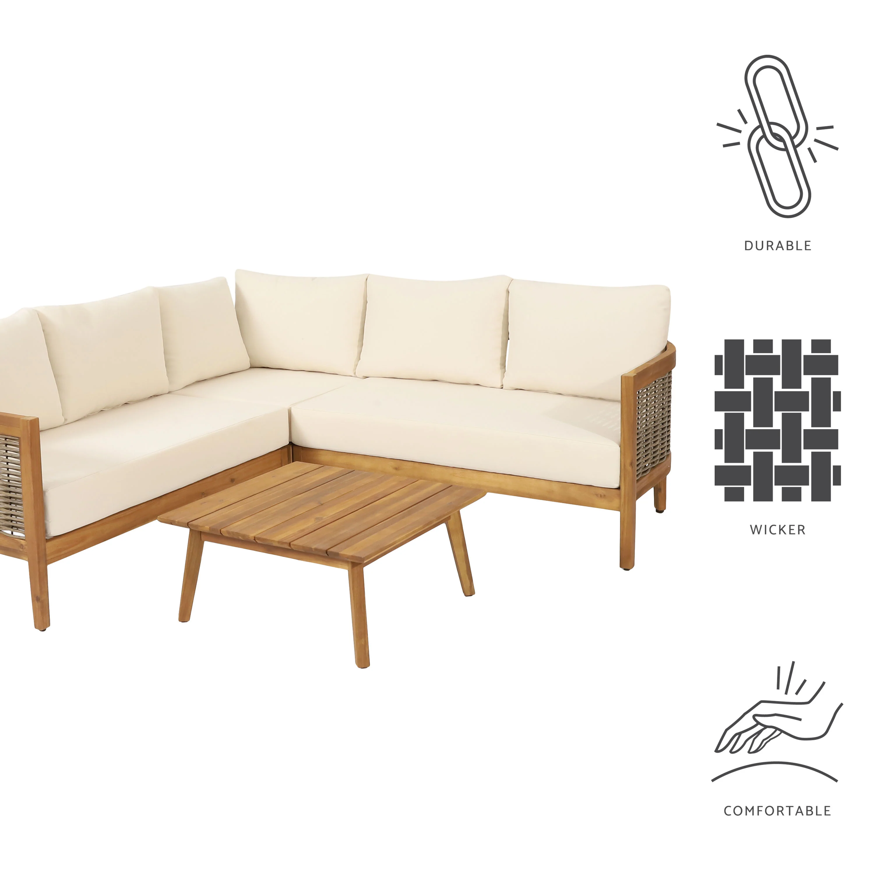 The Crowne Collection Outdoor Acacia Wood and Round Wicker 5 Seater Sectional Sofa Chat Set with Cushions, Teak, Mixed Brown, and Beige - furnishings