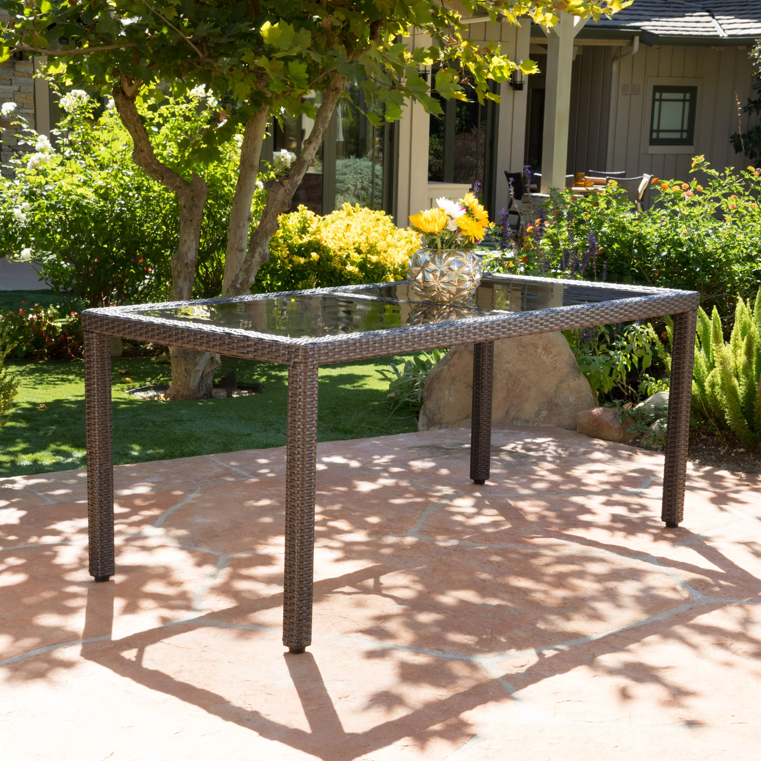 San Simeon Outdoor Wicker Rectangular Dining Table with Tempered Glass Top - furnishings