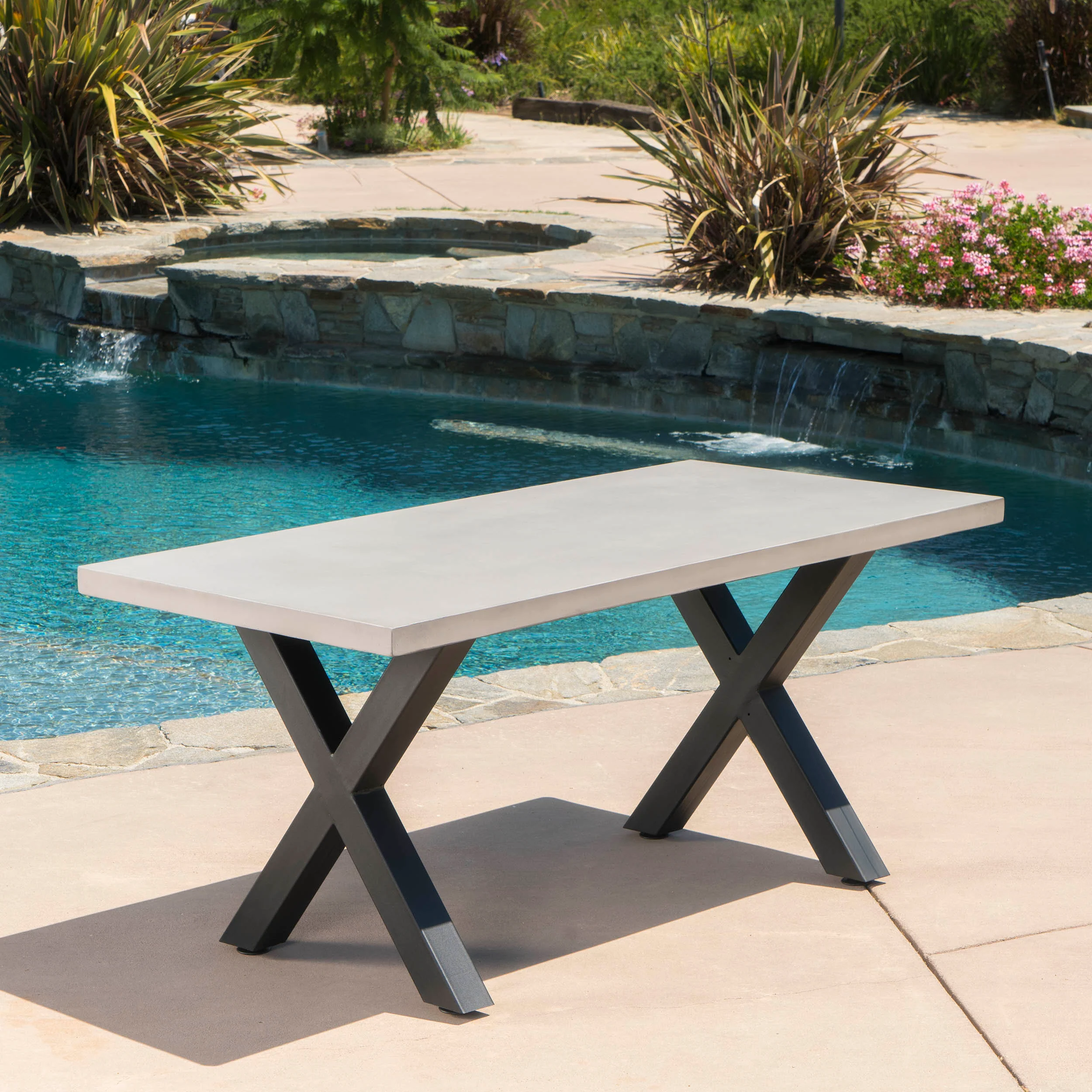 Galatian Outdoor White Lightweight Concrete Dining Table w/ Black Iron Legs - furnishings