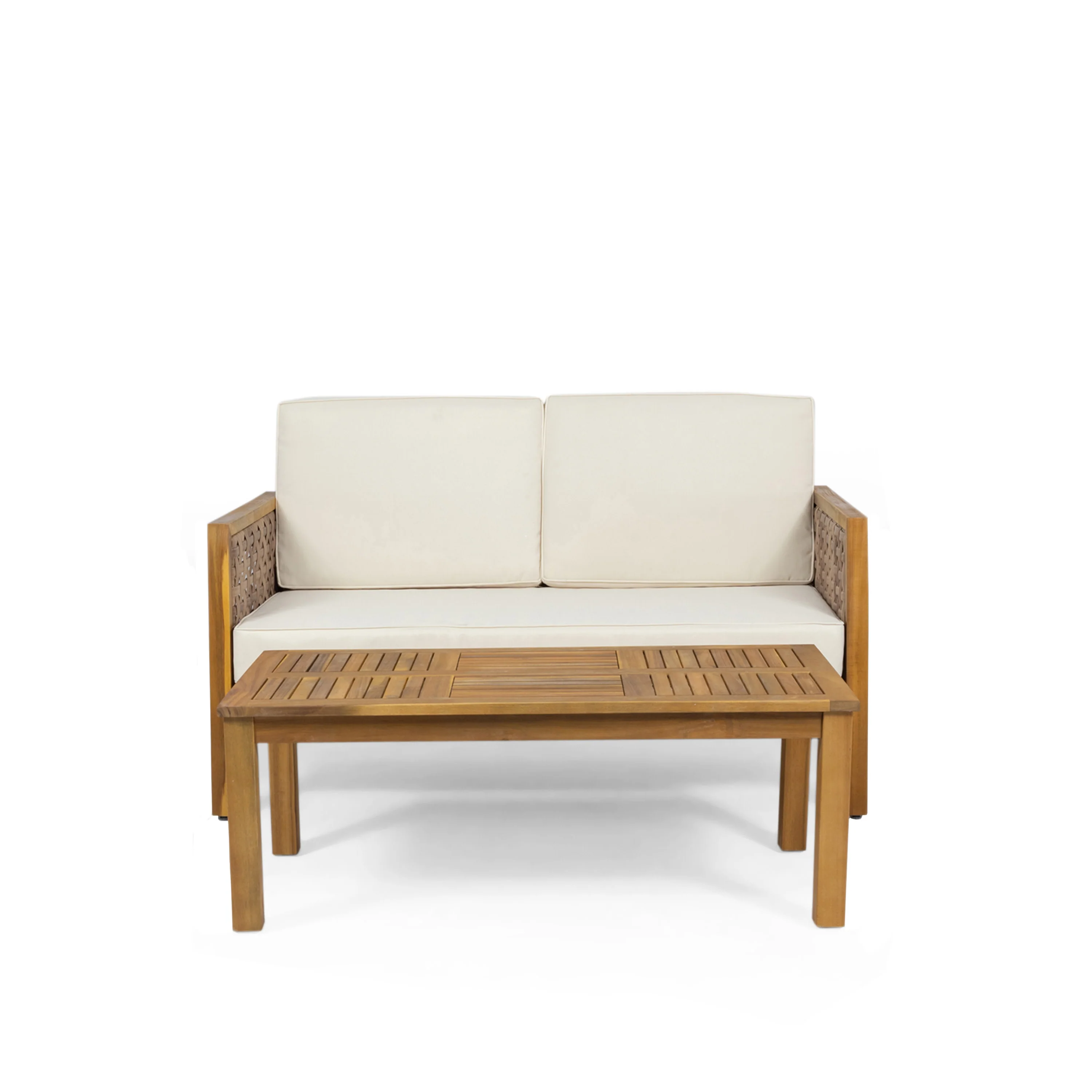 Maycen Outdoor Acacia Wood and Wicker Loveseat and Coffee Table Set with Cushions, Teak, Light Multibrown, Beige - furnishings