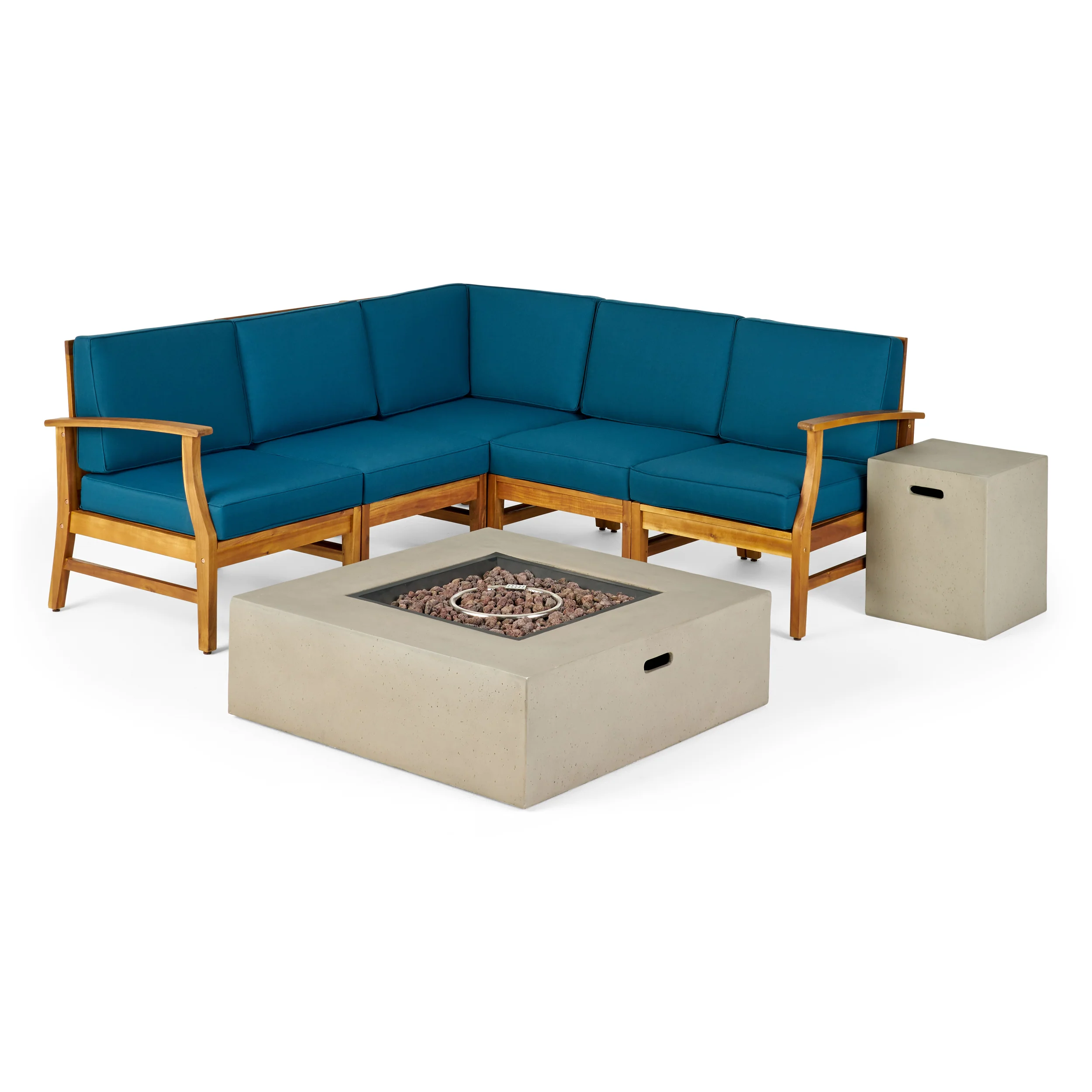 Nyeemah Outdoor 5 Seater V-Shaped Acacia Wood Sofa Set with Square Fire Table and Tank - furnishings