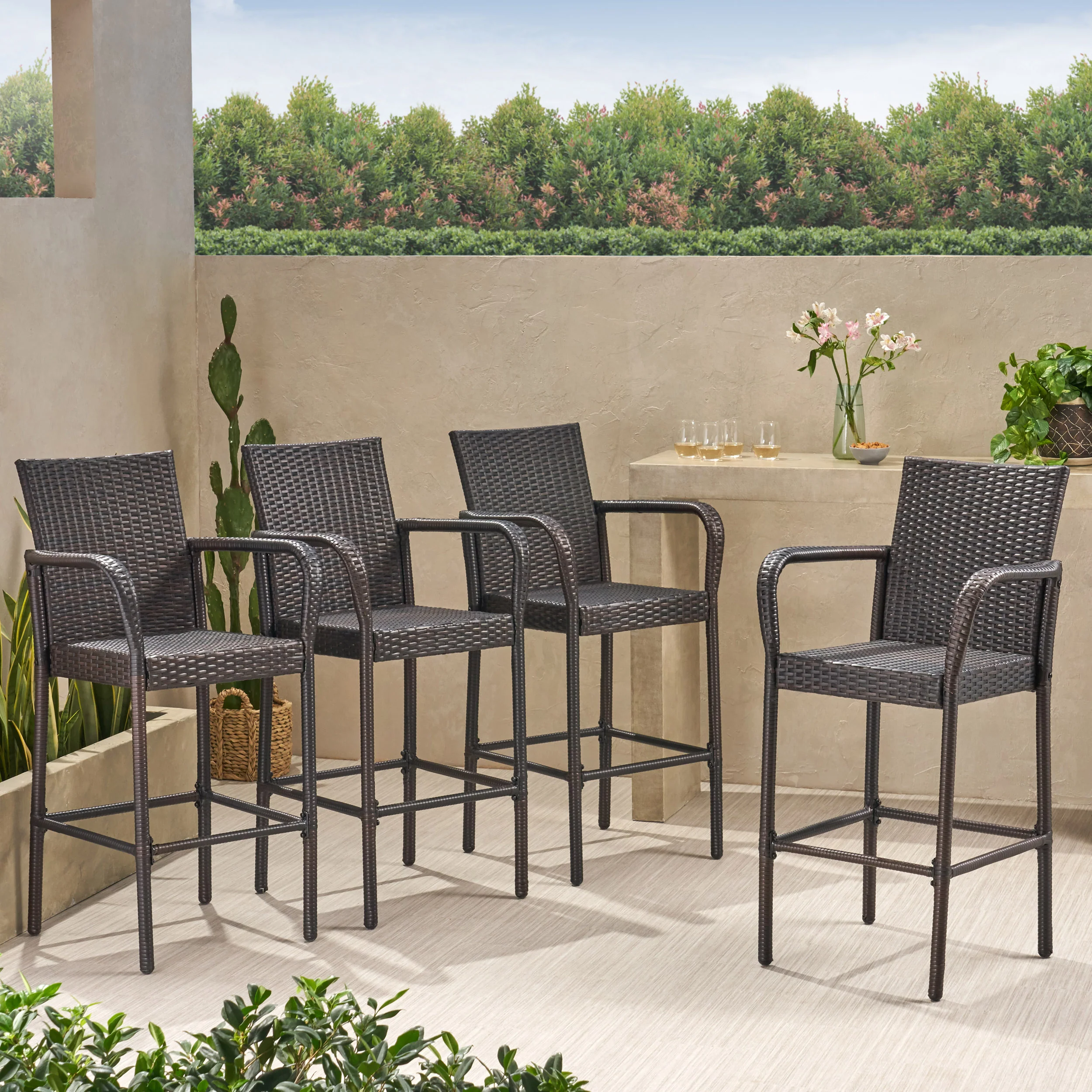 Stewart 30-Inch Outdoor Brown Wicker Barstool (Set of 4) - furnishings