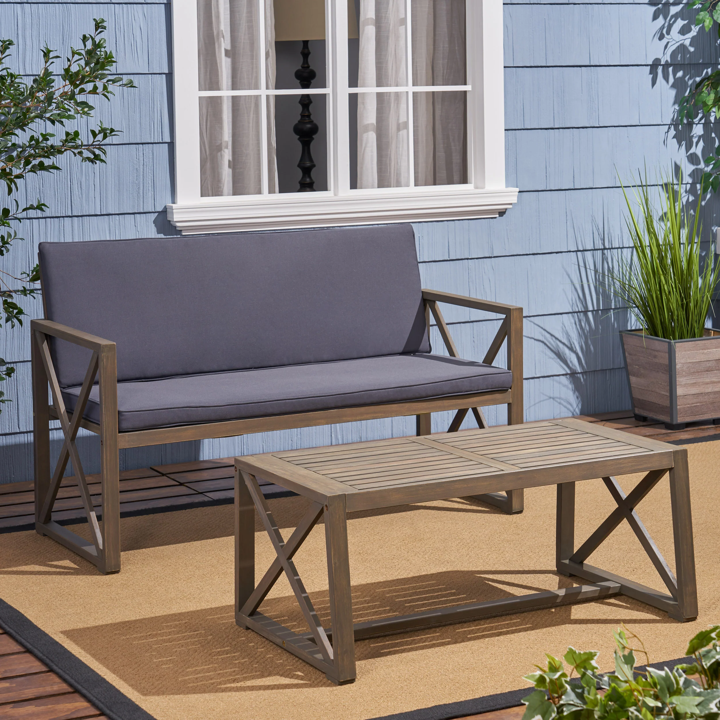 Hazel Outdoor Acacia Wood Loveseat with Coffee Table Set with Cushions - furnishings