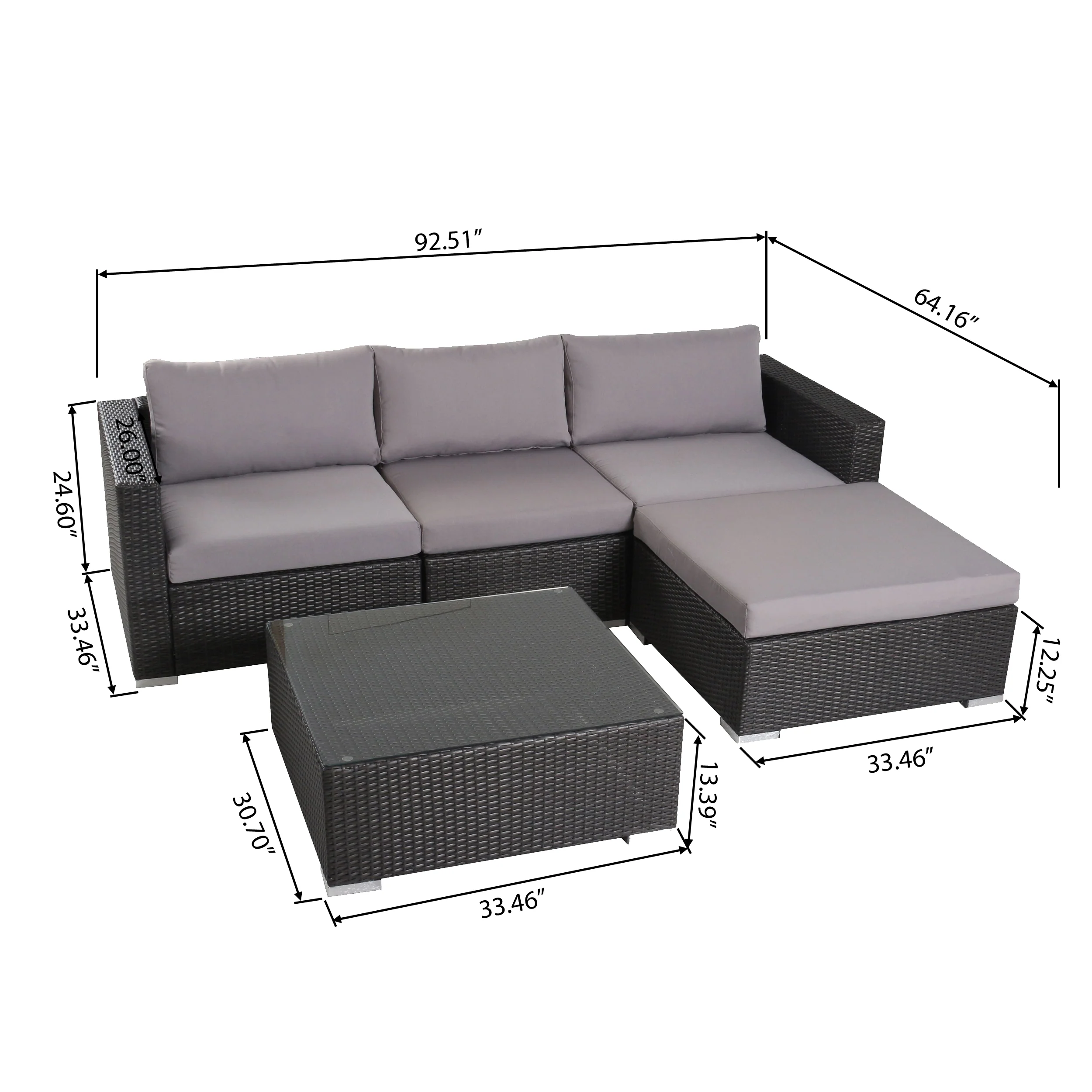 Francisco 5pc Outdoor Gray Wicker Seating Sectional Set w/ Cushions - furnishings
