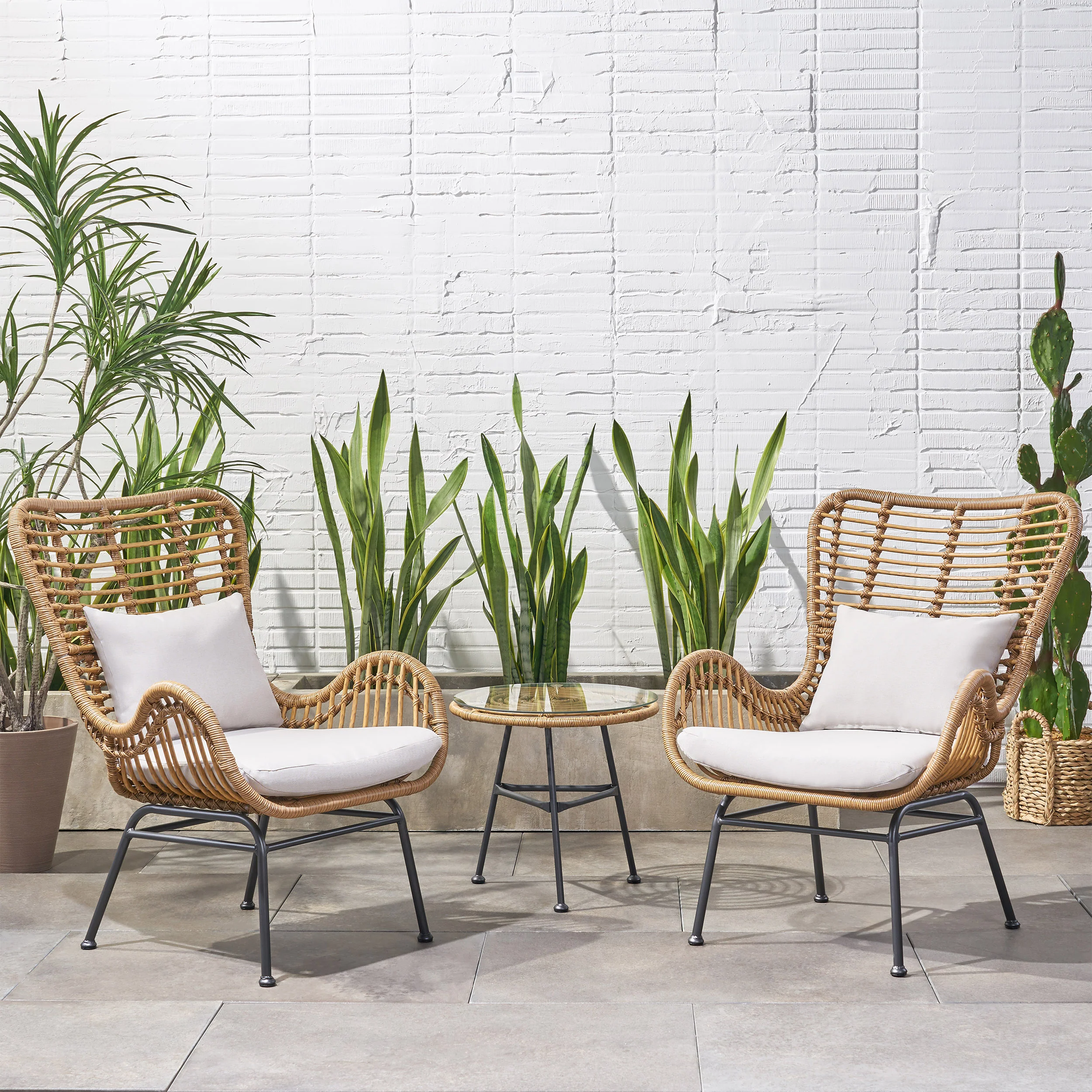 Naomi Outdoor 3 Piece Wicker Chat Set with Cushions - furnishings