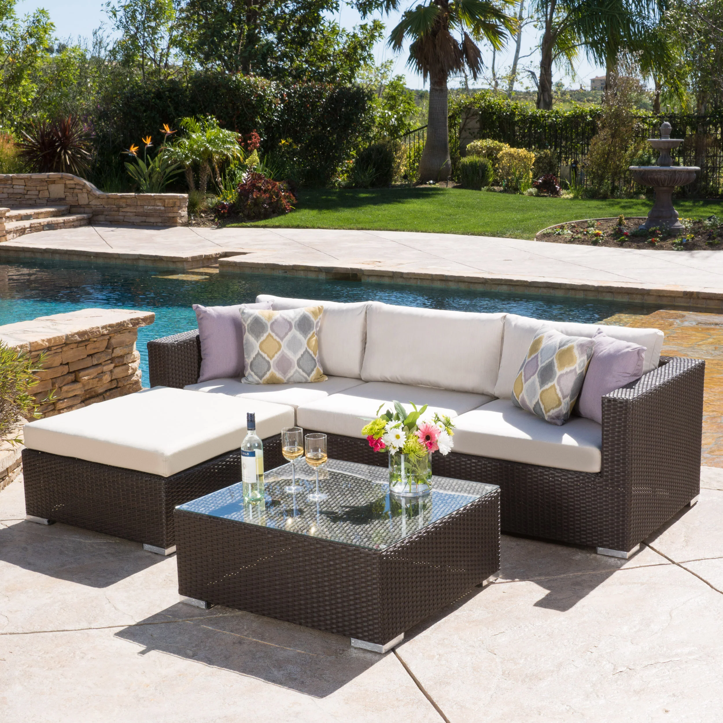 Francisco 5pc Outdoor Brown Wicker/Aluminum Seating Sectional Set w/ Cushions - furnishings