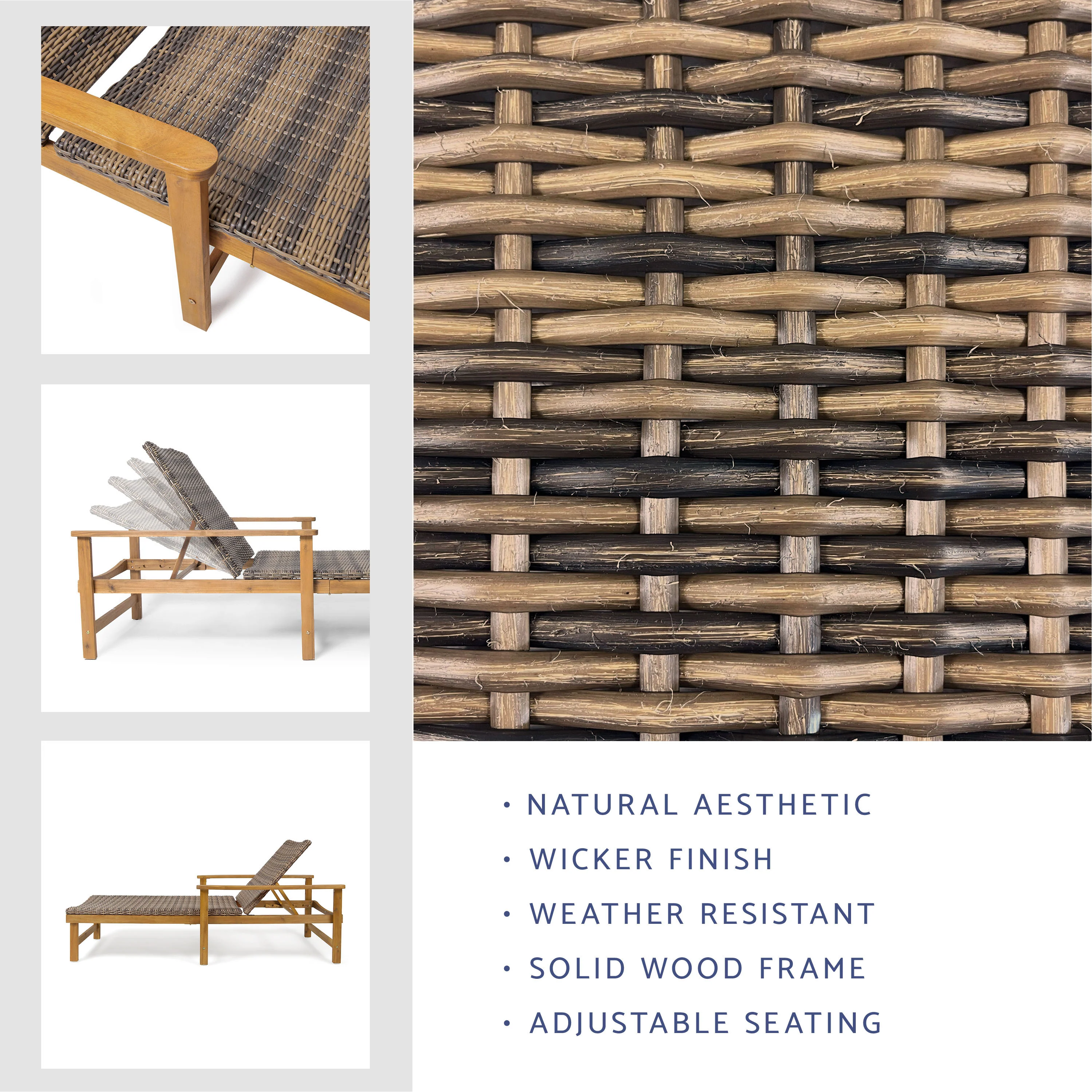 Kyle Outdoor Rustic Acacia Wood Chaise Lounge with Wicker Seating - furnishings