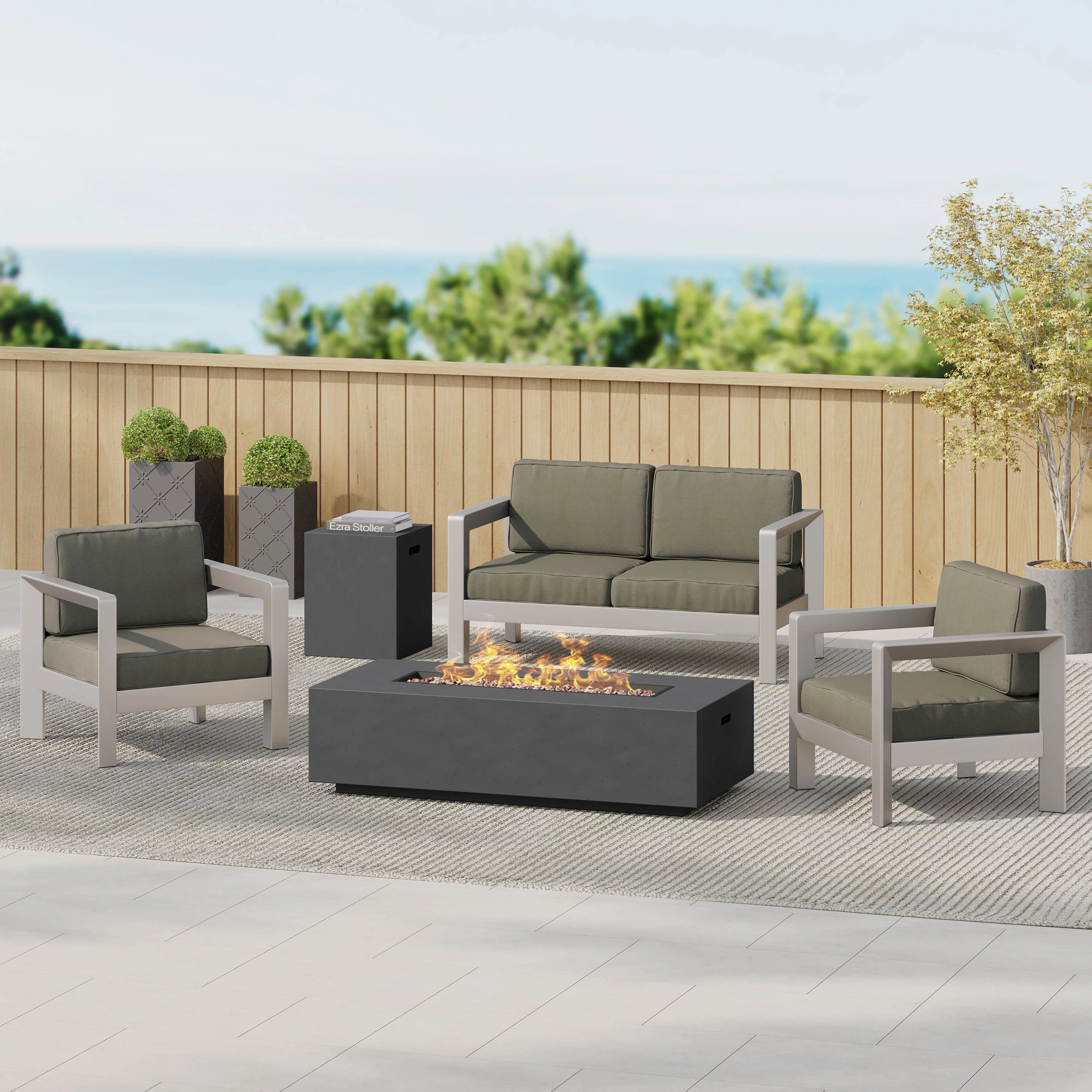 Booth Outdoor 4-Seater Aluminum Chat Set with Fire Pit and Tank Holder - furnishings