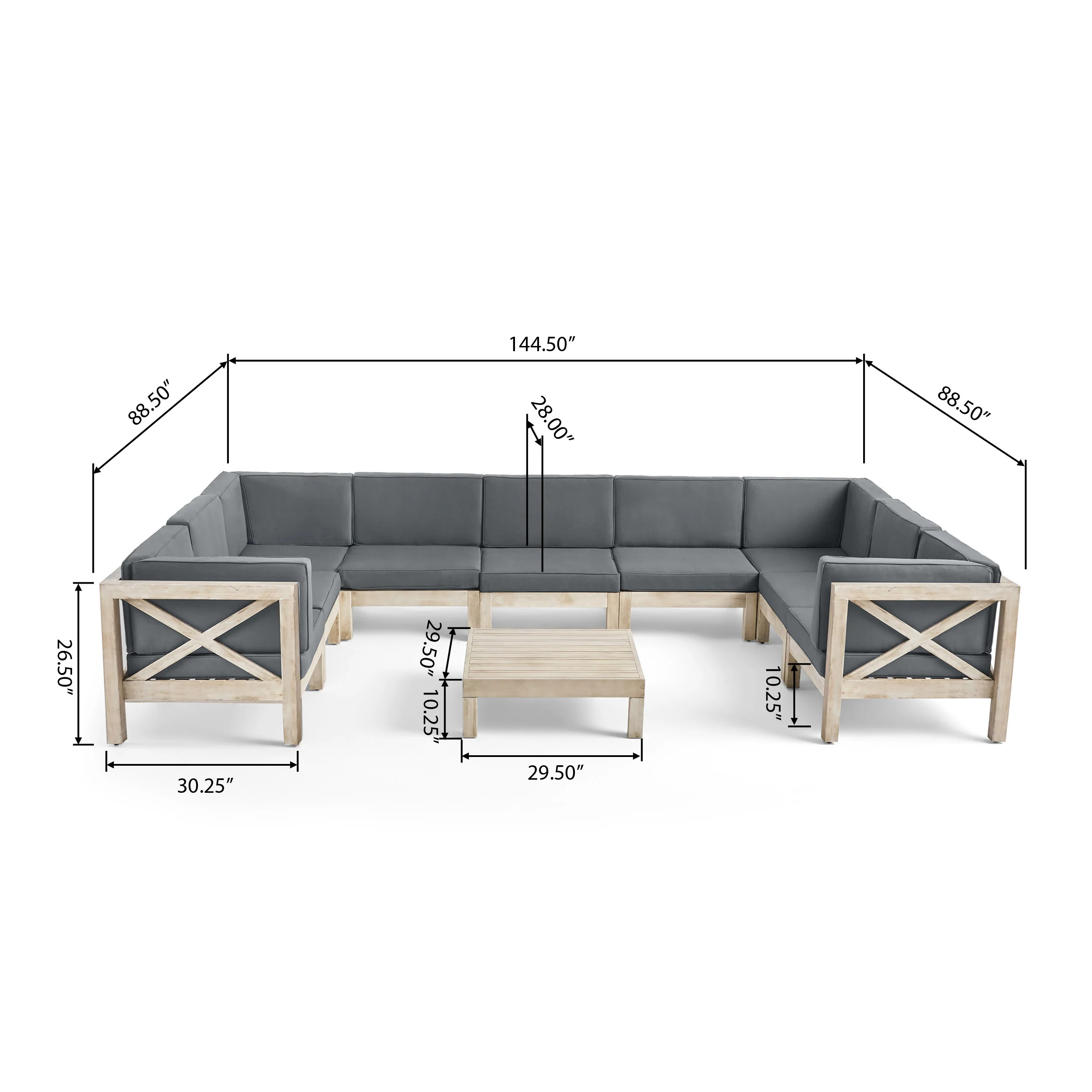 Olivia Outdoor 9 Seater Acacia Wood Sectional Sofa Set, Weathered Finish and Dark Gray - furnishings