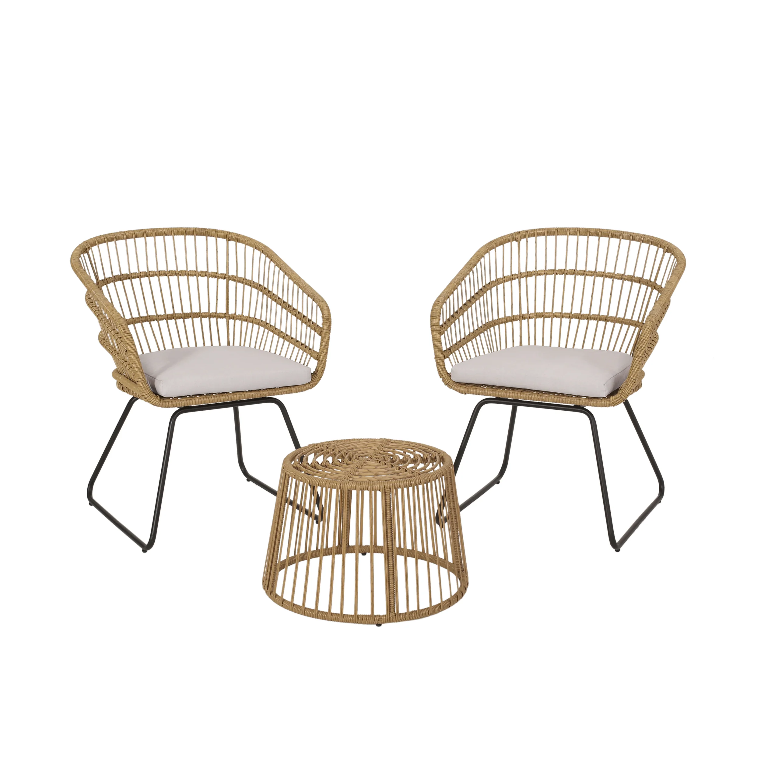Edson Outdoor Wicker 2 Seater Chat Set with Cushion, Light Brown, Beige, and Black - furnishings
