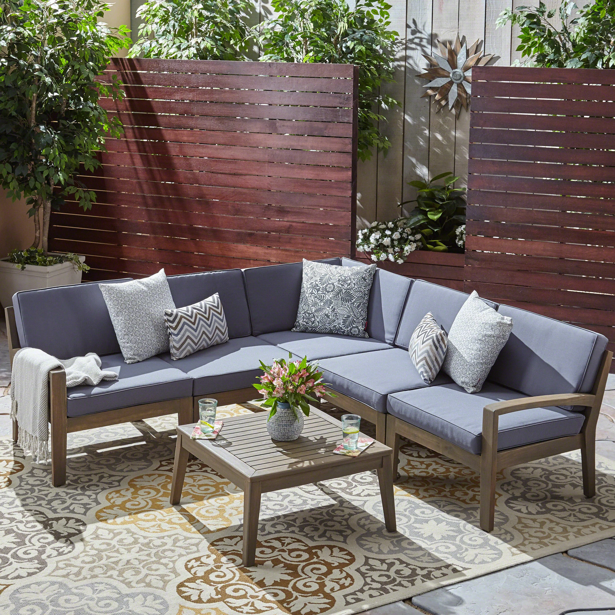 Ray Outdoor Acacia Wood 5 Seater Sectional Sofa Set with Coffee Table - furnishings