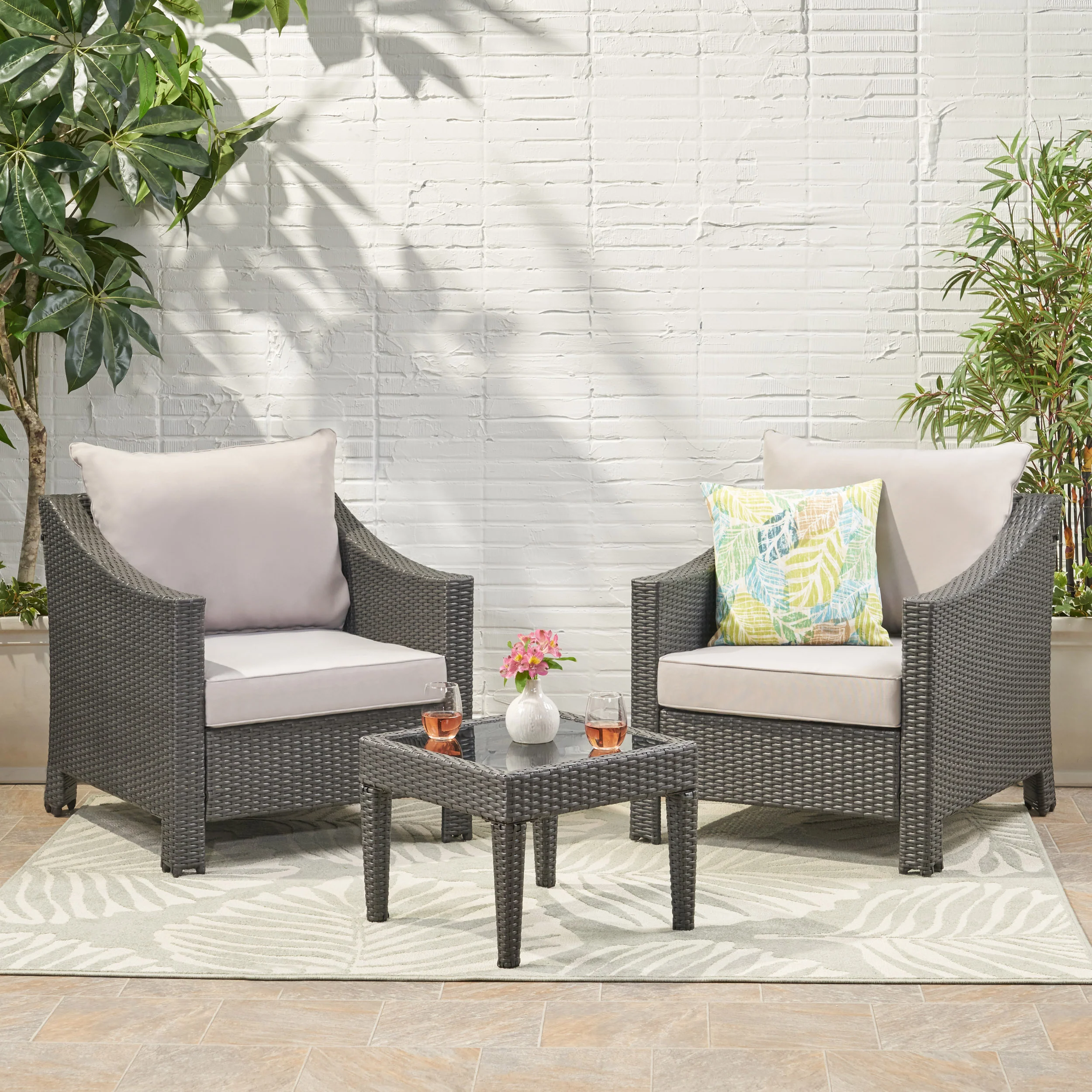 Antibes Outdoor 3pc Grey Polyethylene Chat Set - furnishings