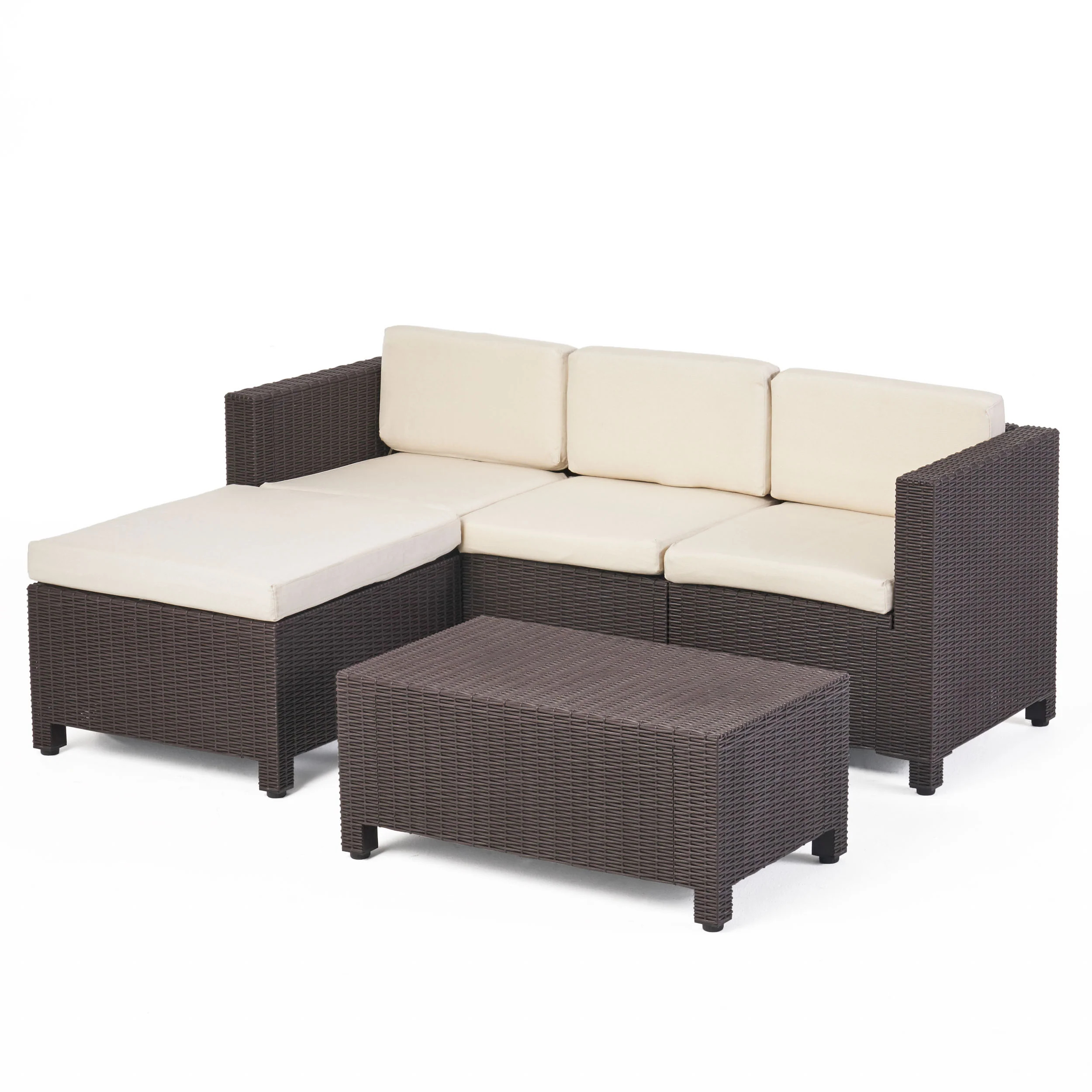 Russel Outdoor Injection Molded Small Space 3 Seater L Shaped Sectional, Dark Brown and Beige - furnishings