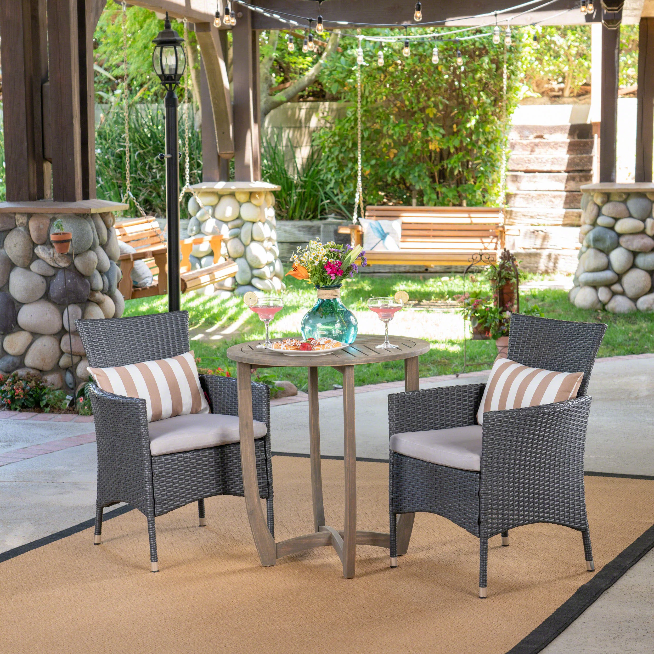 Lori Outdoor 3 Piece Wood and Wicker Bistro Set, Gray and Gray - furnishings