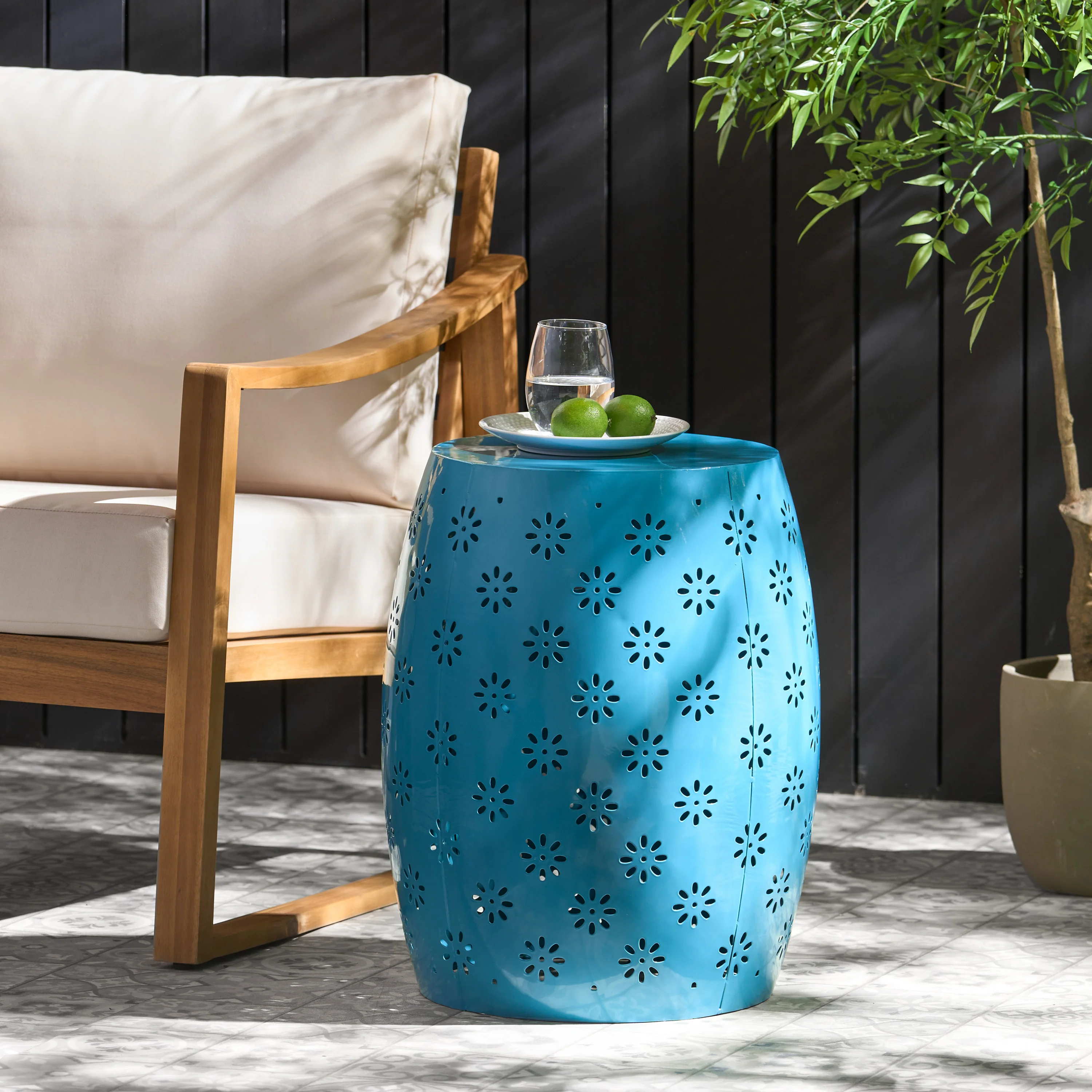 Breeze Outdoor Modern Floral Lace-Cut Metal Accent Side Table - furnishings
