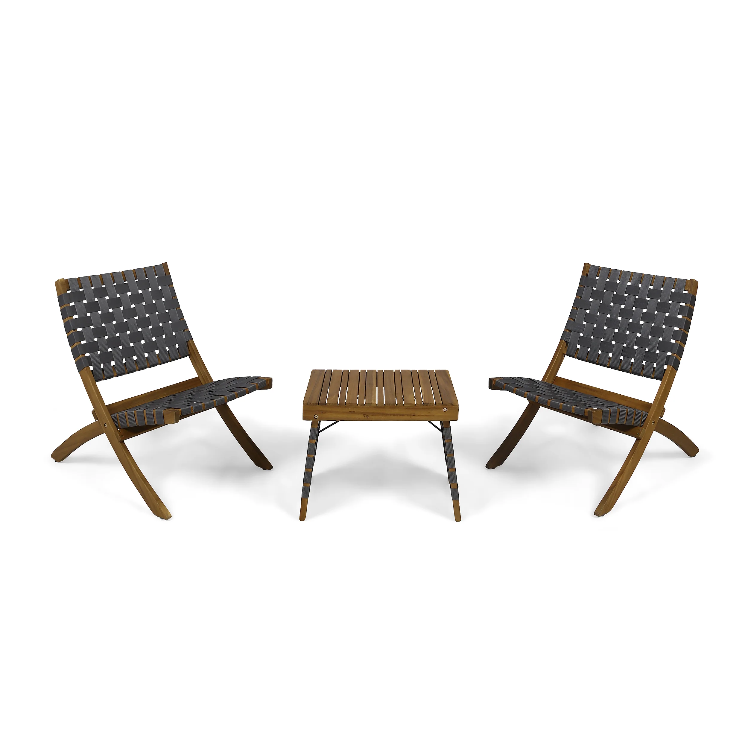 Kayla Outdoor Foldable 2 Seater Acacia Wood Chat Set with Strapping Belt Accents, Brown and Gray - furnishings