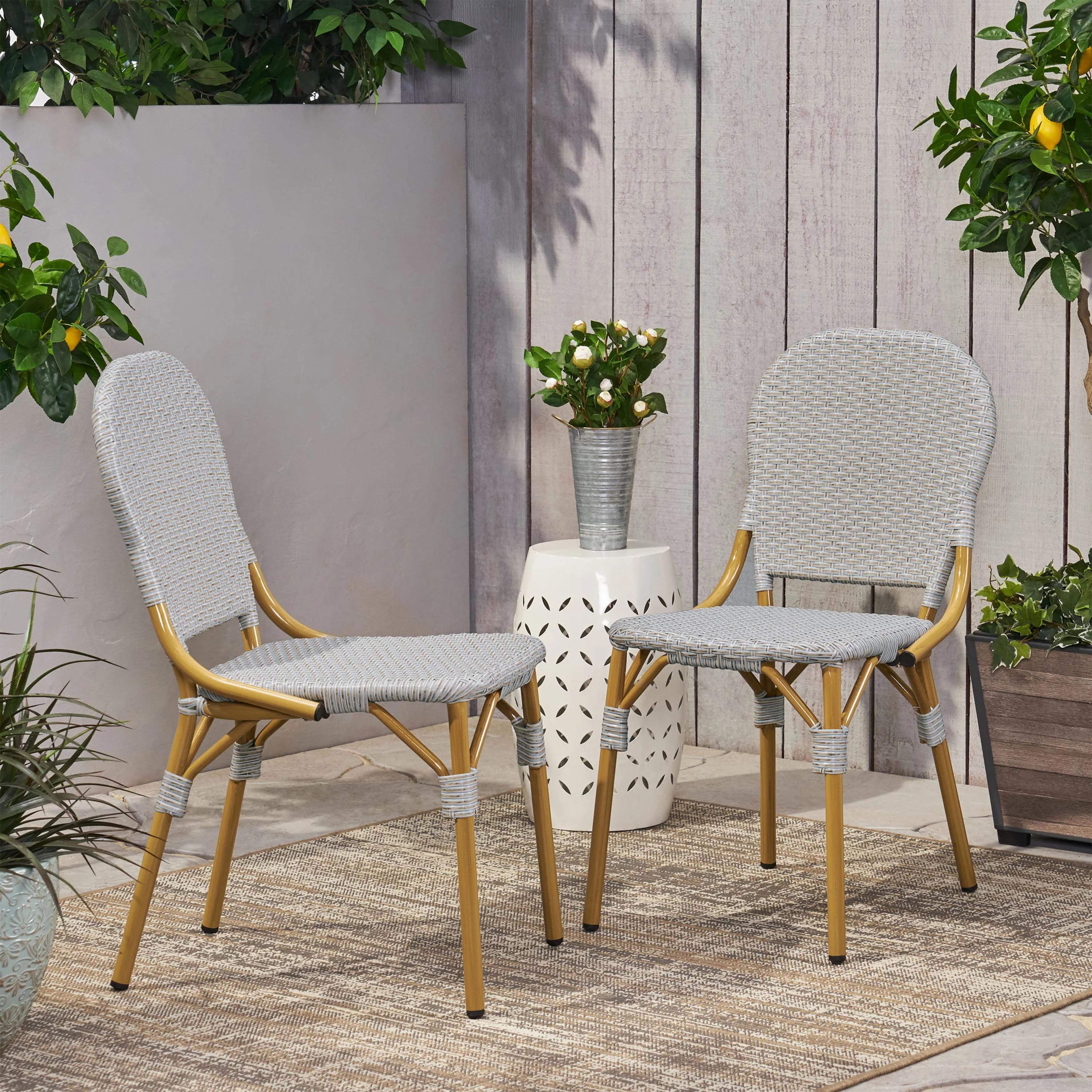 Gallia Outdoor Aluminum French Bistro Chairs, Set of 2, Grey and Bamboo Finish - furnishings
