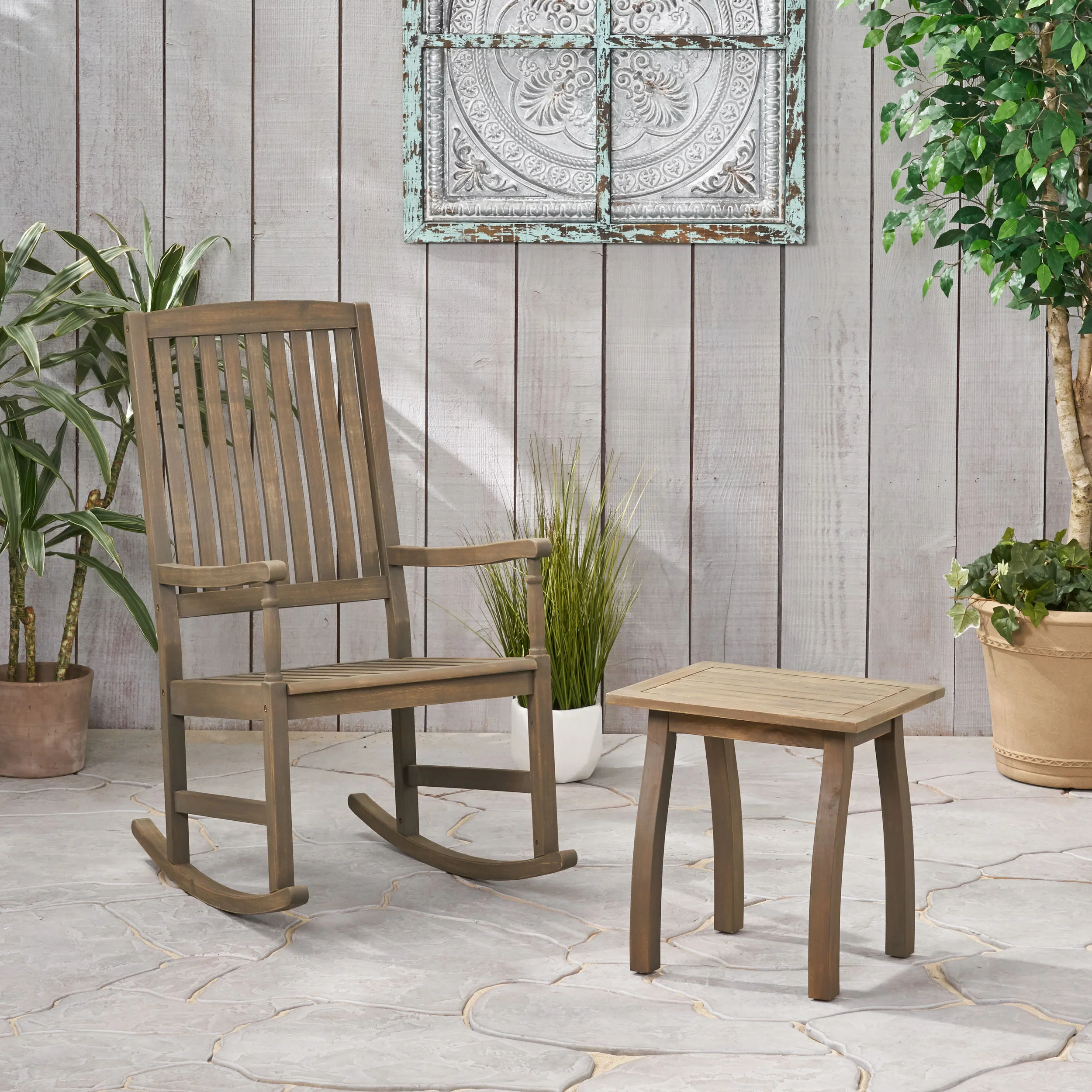 Tobey Outdoor Acacia Wood Rocking Chair and Side Table Set - furnishings