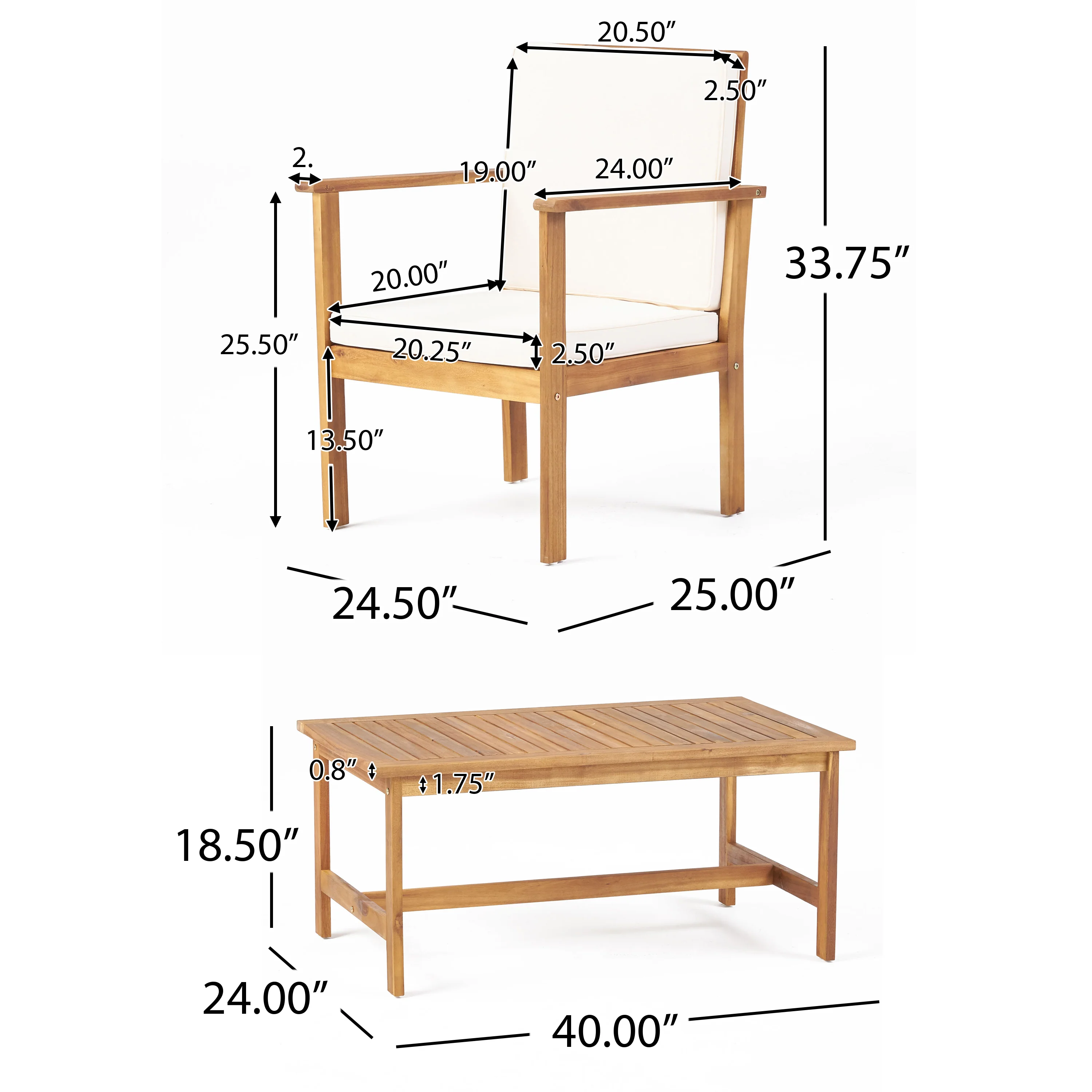 Harvey Outdoor Acacia Wood Club Chair and Coffee Table Set with Cushions - furnishings