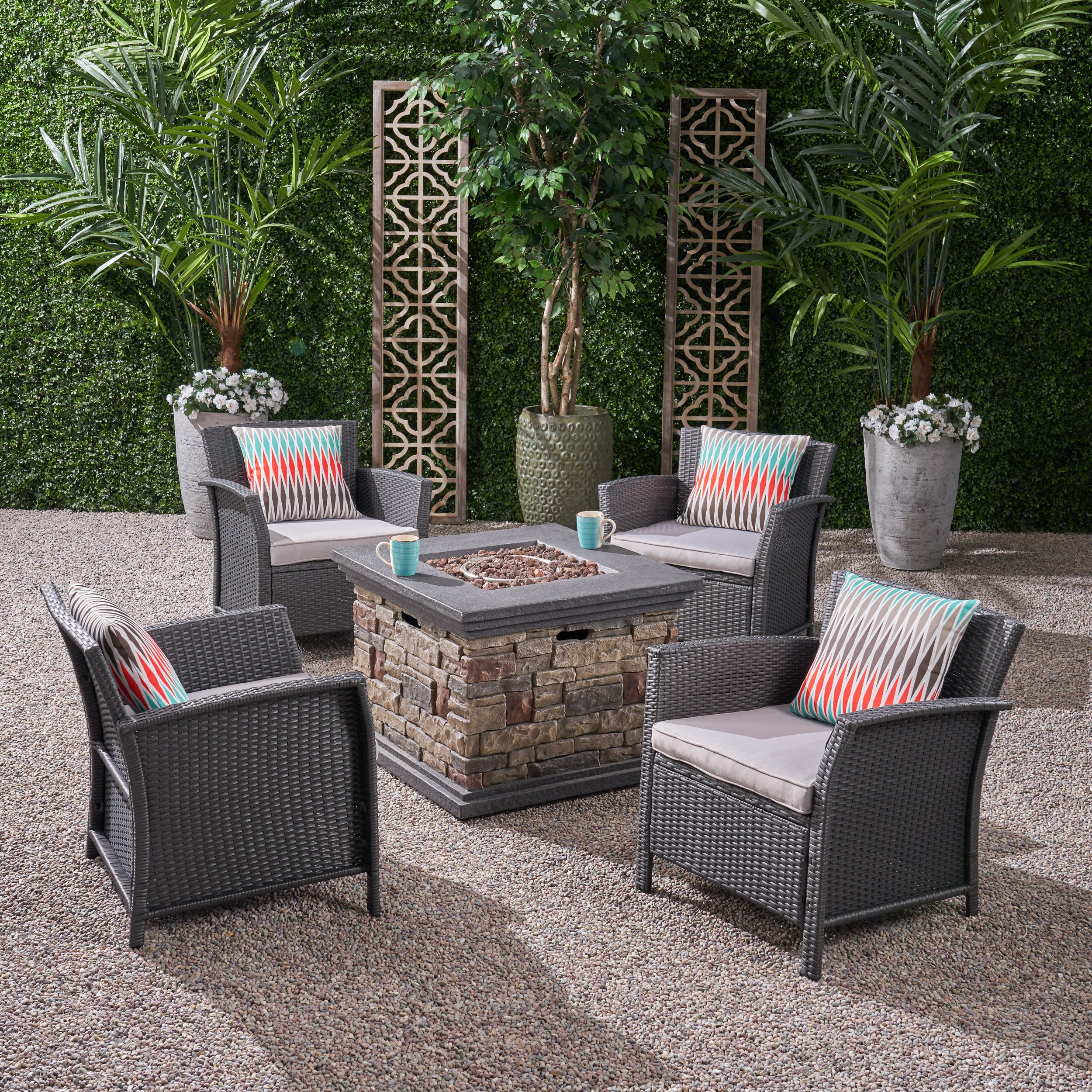 Laiah Outdoor 4 Piece Wicker Club Chair Chat Set with Fire Pit - furnishings