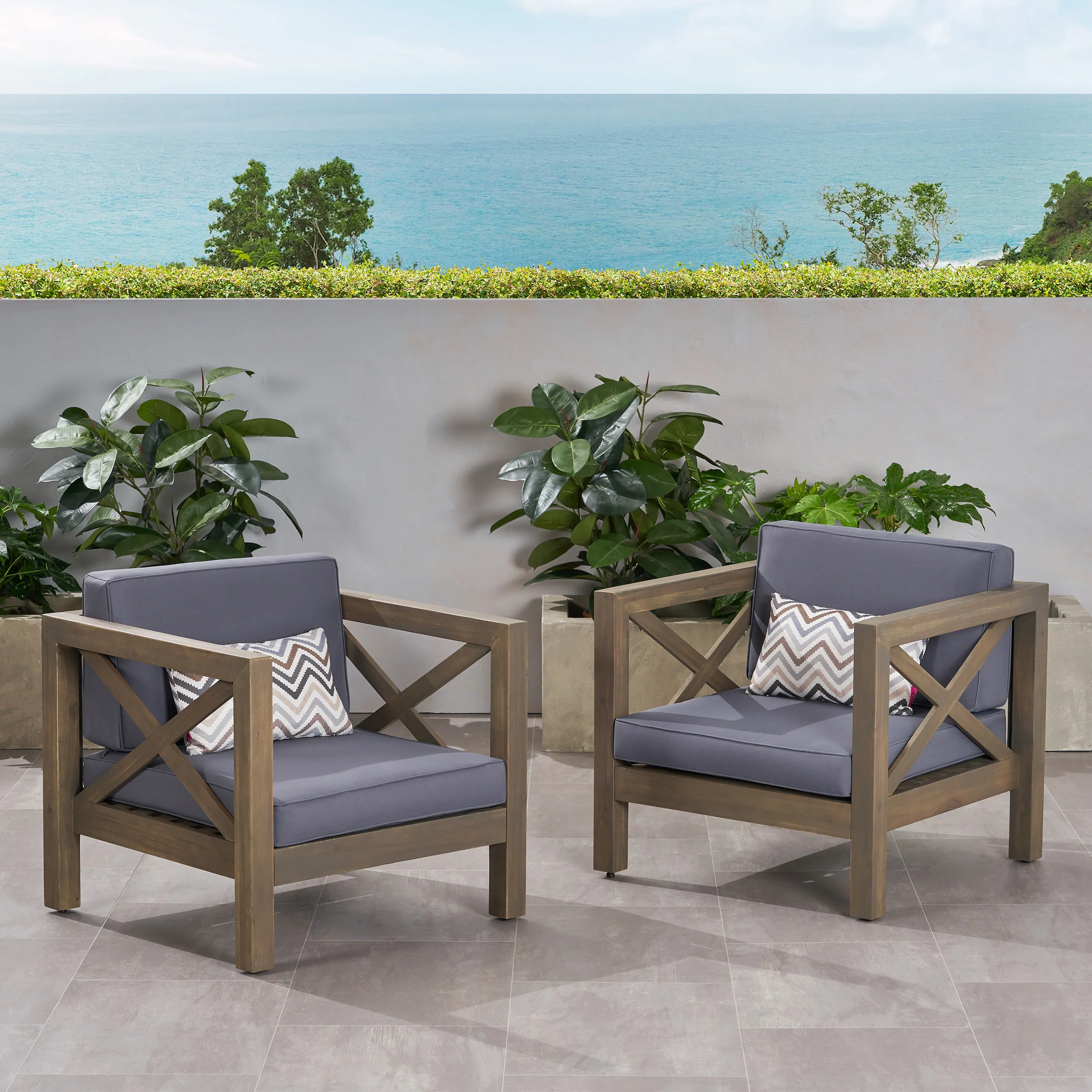 Indira Outdoor Acacia Wood Club Chairs with Cushions (Set of 2) - furnishings