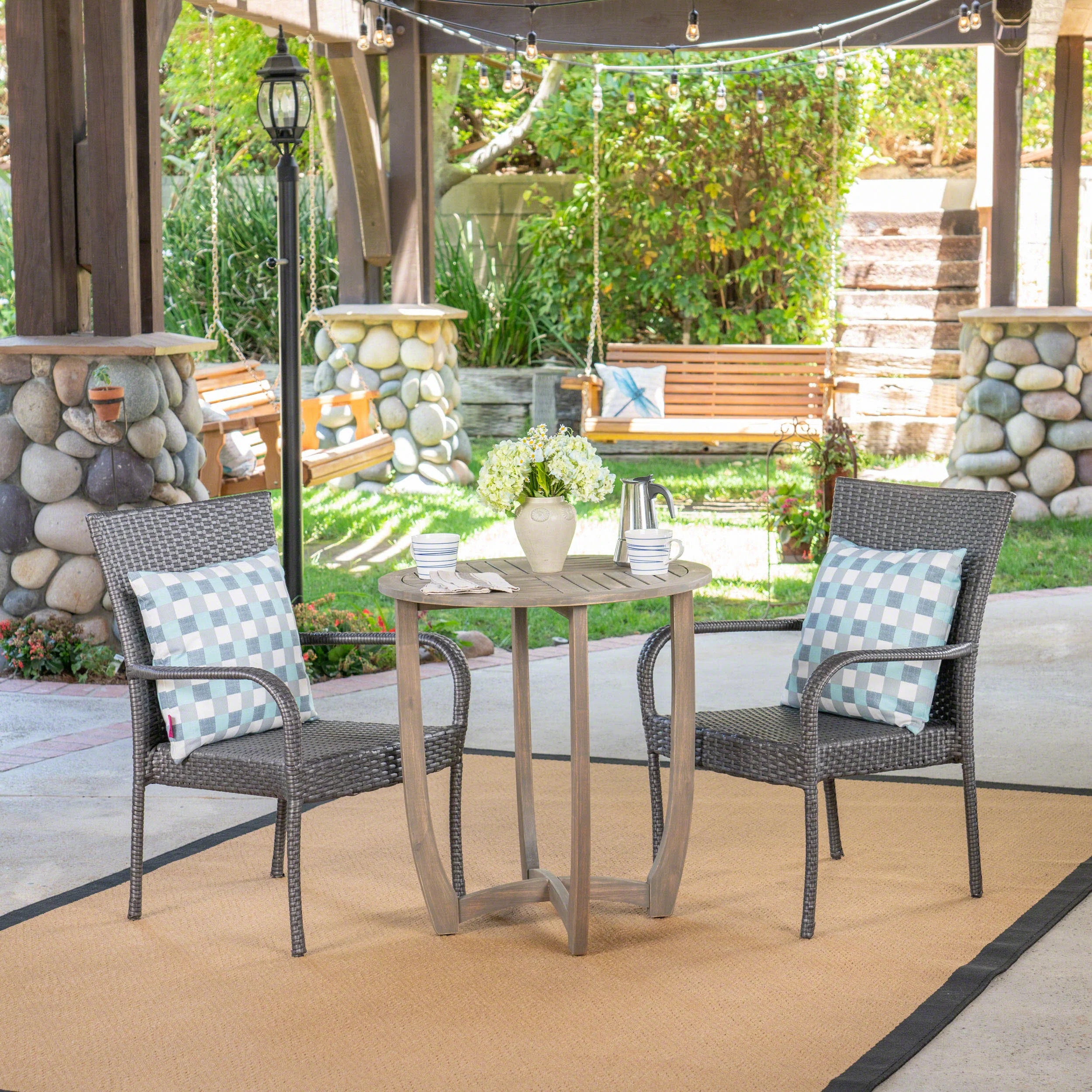 Jared Outdoor 3 Piece Wood and Wicker Bistro Set, Gray and Gray - furnishings