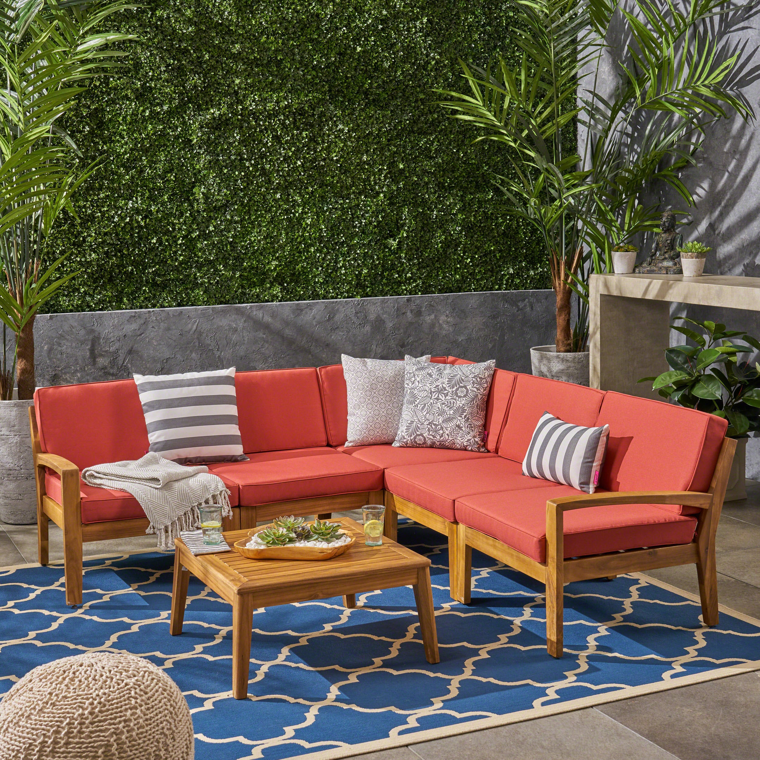 Roy Outdoor Acacia Wood 5 Seater Sectional Sofa Set with Coffee Table - furnishings
