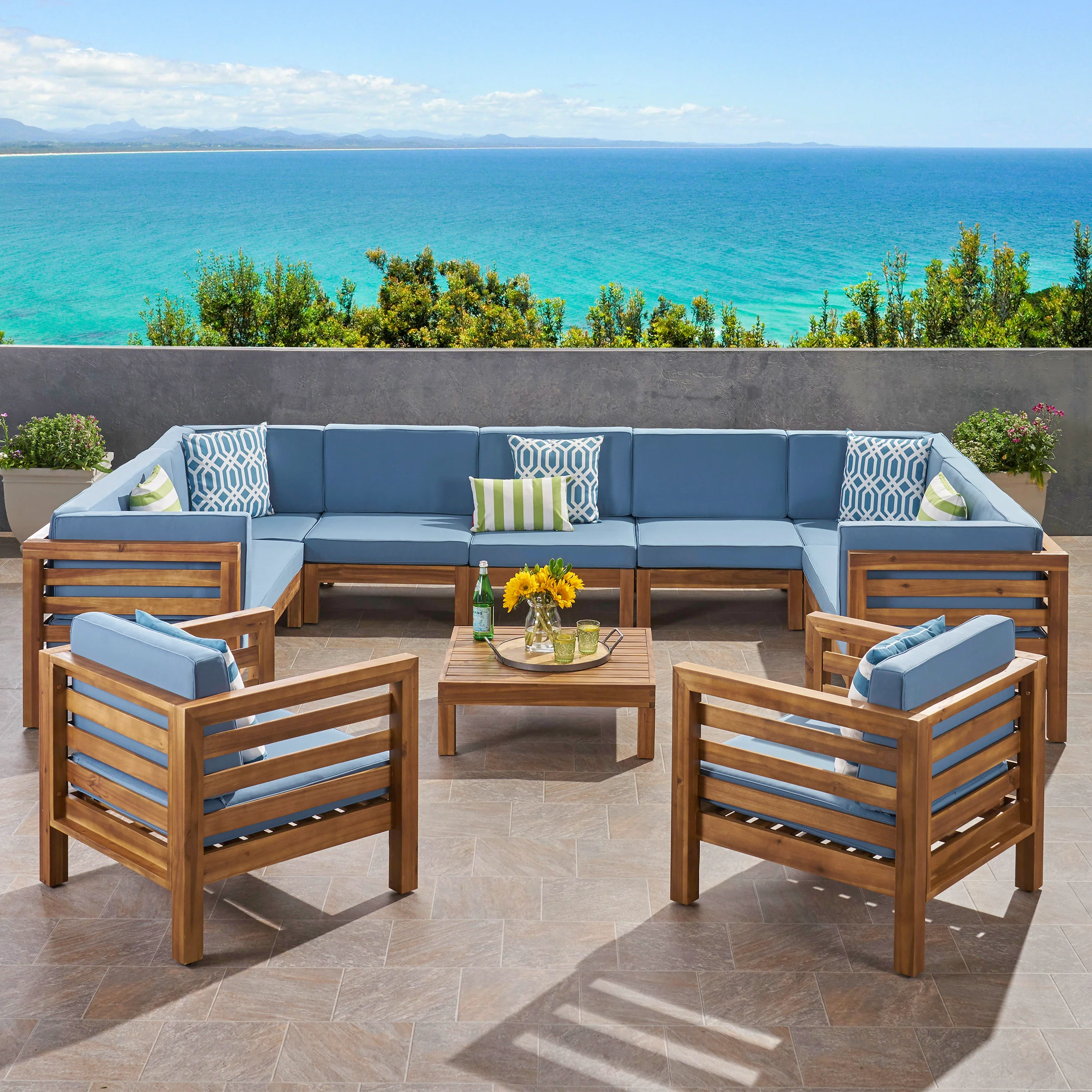 Emma Outdoor 11 Seater Acacia Wood Sectional Sofa and Club Chair Set - furnishings