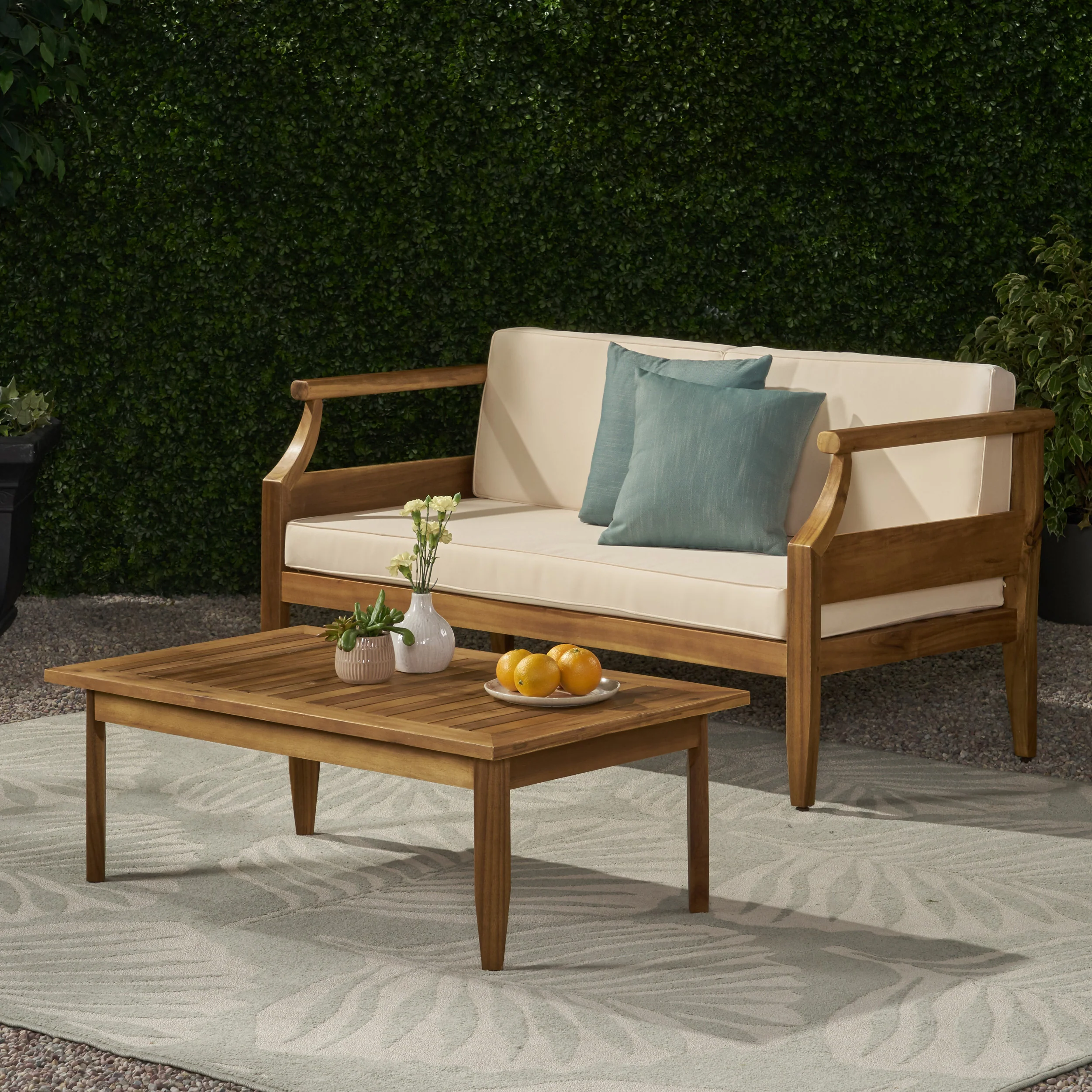 Bianca Outdoor Mid-Century Modern Acacia Wood Loveseat Set - furnishings