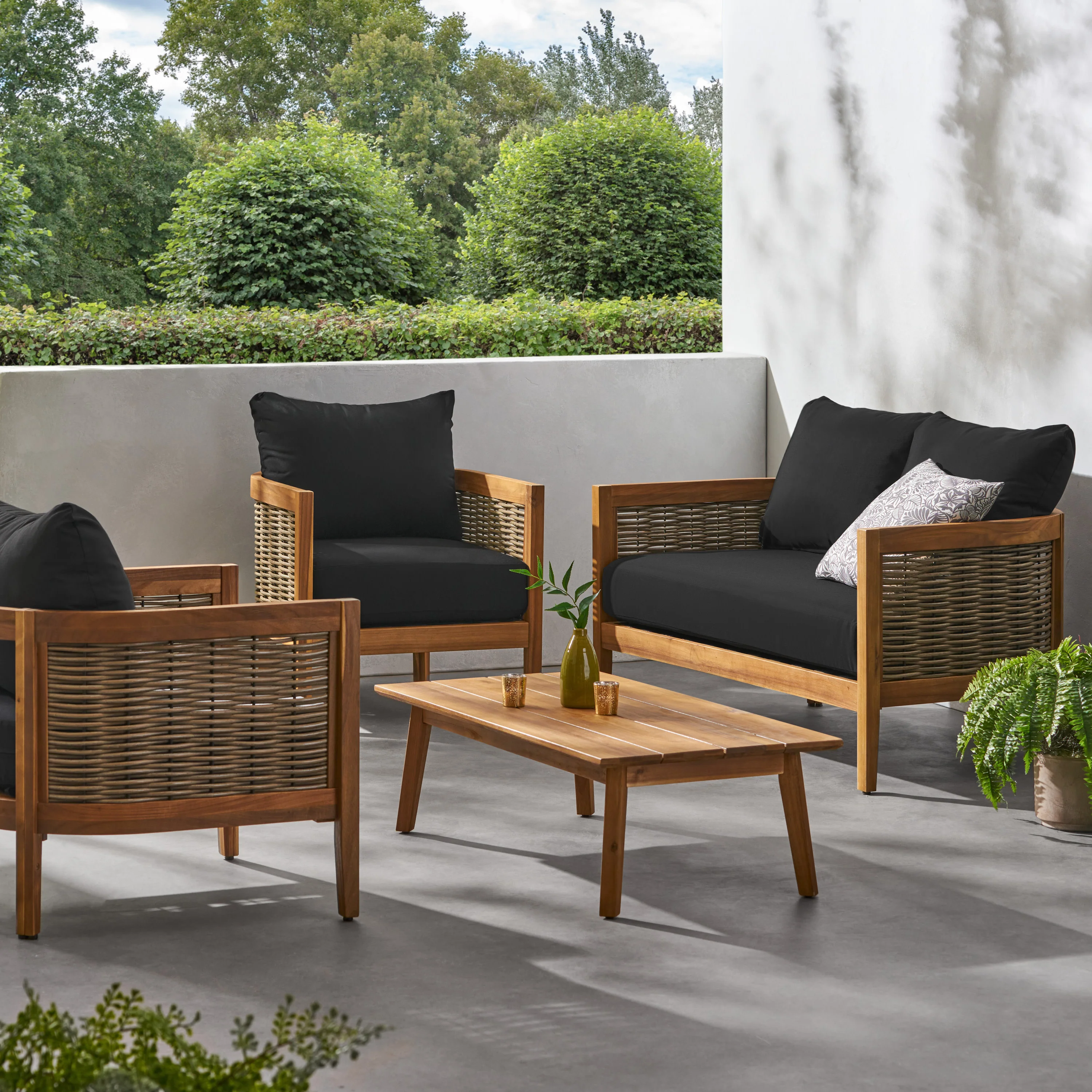 The Crowne Collection Outdoor Acacia Wood and Wicker 4 Seater Chat Set with Sunbrella Cushions - furnishings
