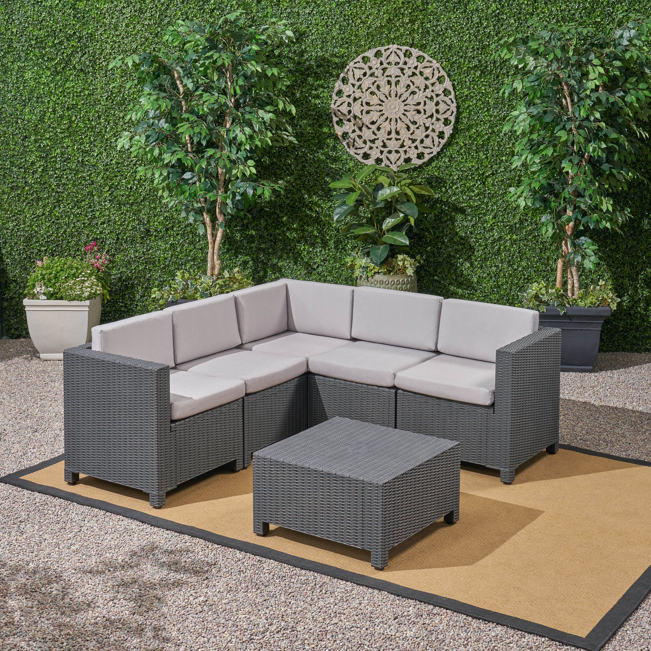 Riley Outdoor All Weather Faux Wicker 5 Seater Sectional Sofa Set with Cushions - furnishings