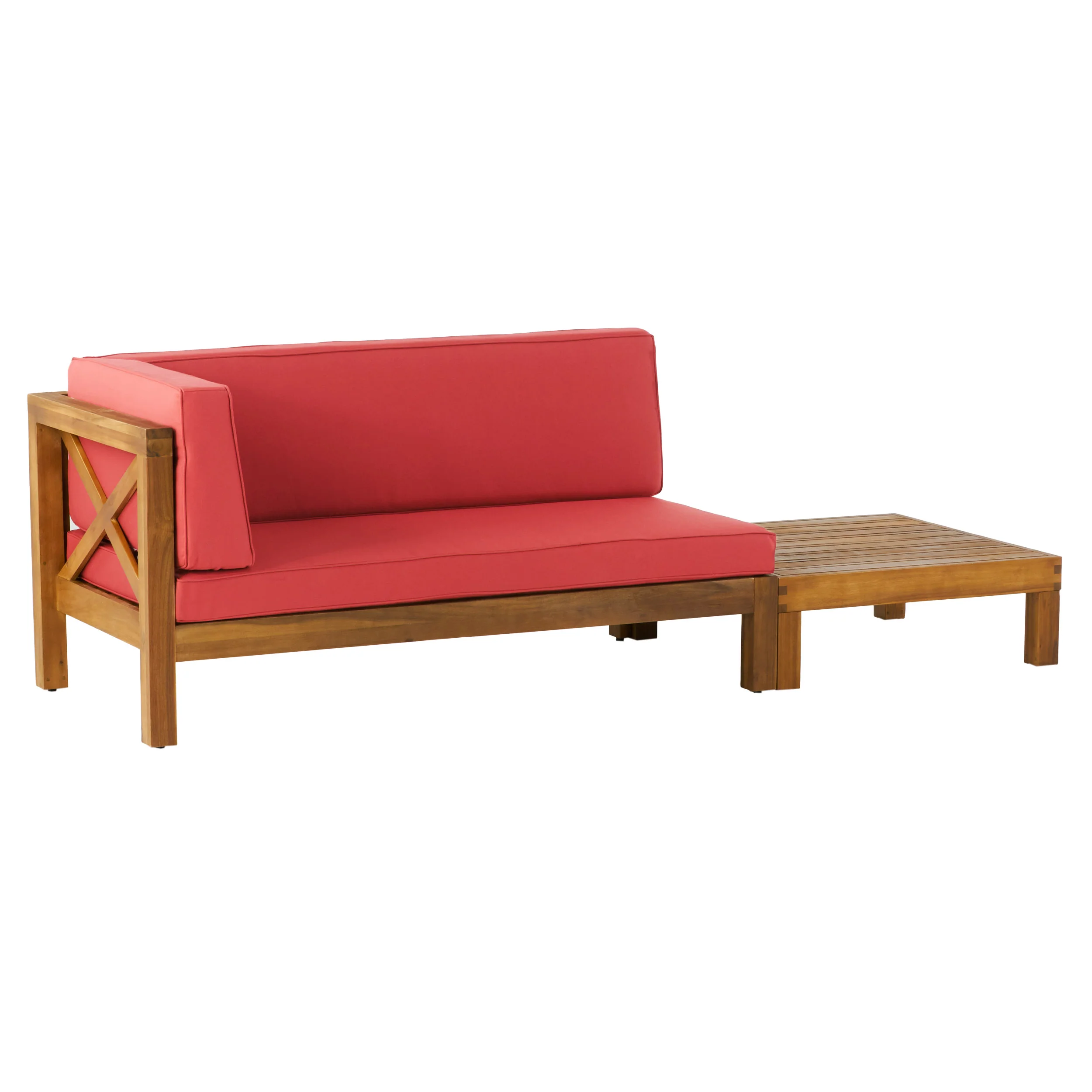 Keith Outdoor Acacia Wood Left Arm Loveseat and Coffee Table Set with Cushion - furnishings