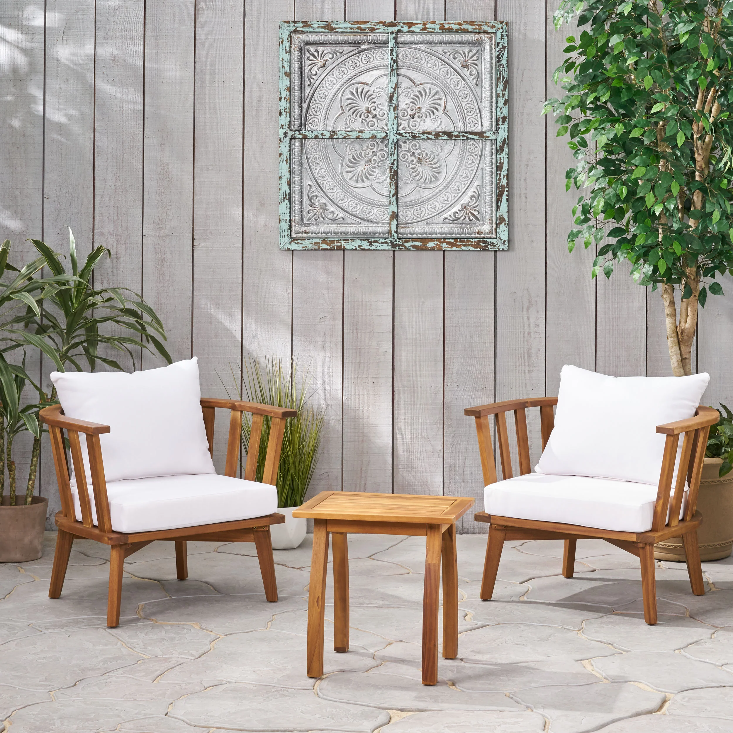 Simona Outdoor Acacia Wood 2 Seater Club Chairs and Side Table Set - furnishings