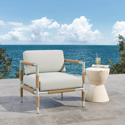 Eamon Outdoor Upholstered Thick Cushioned Arm Chair with Rattan Accents, Light Grey - furnishings