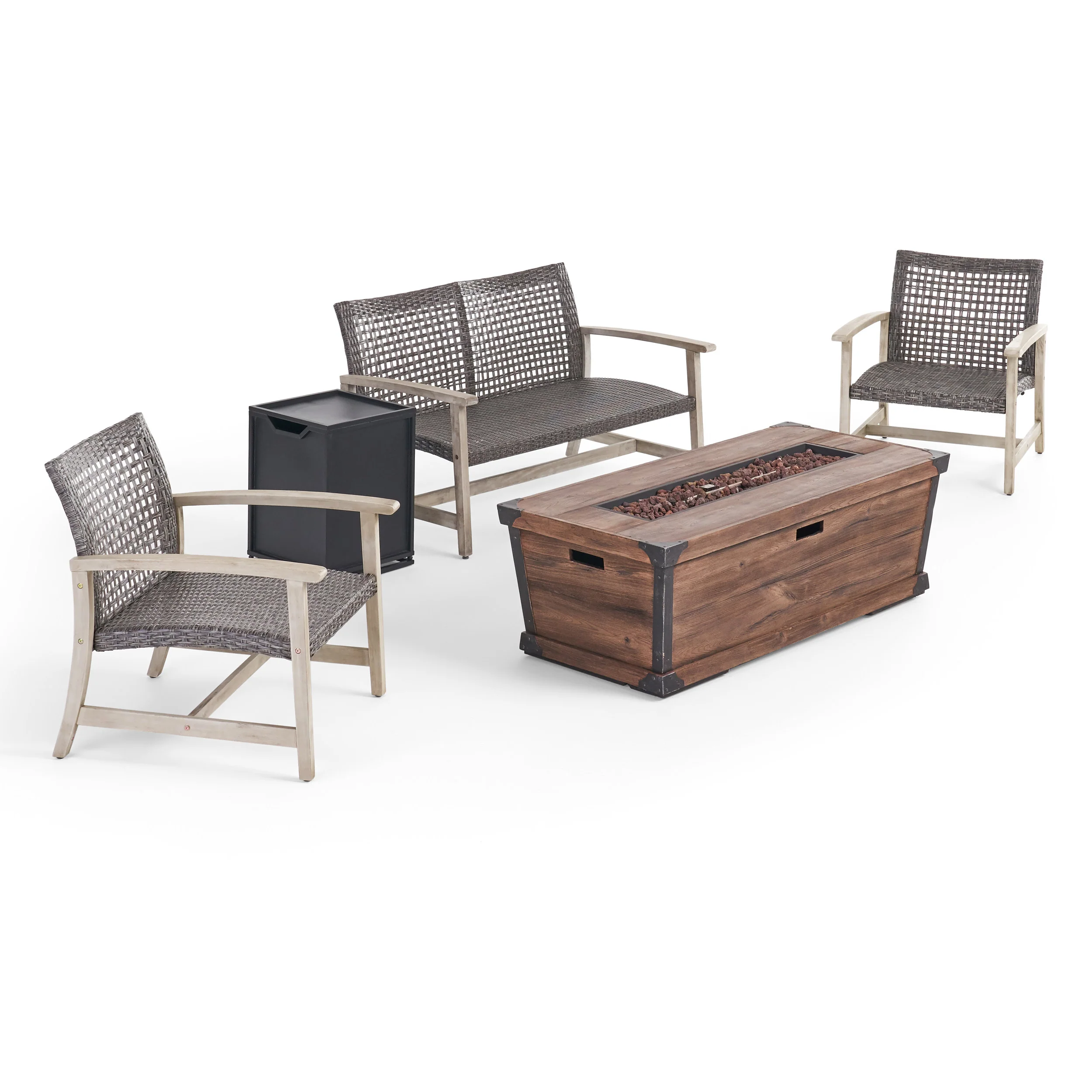 Airyanna Outdoor 3 Piece Wood and Wicker Chat Set with Fire Pit - furnishings