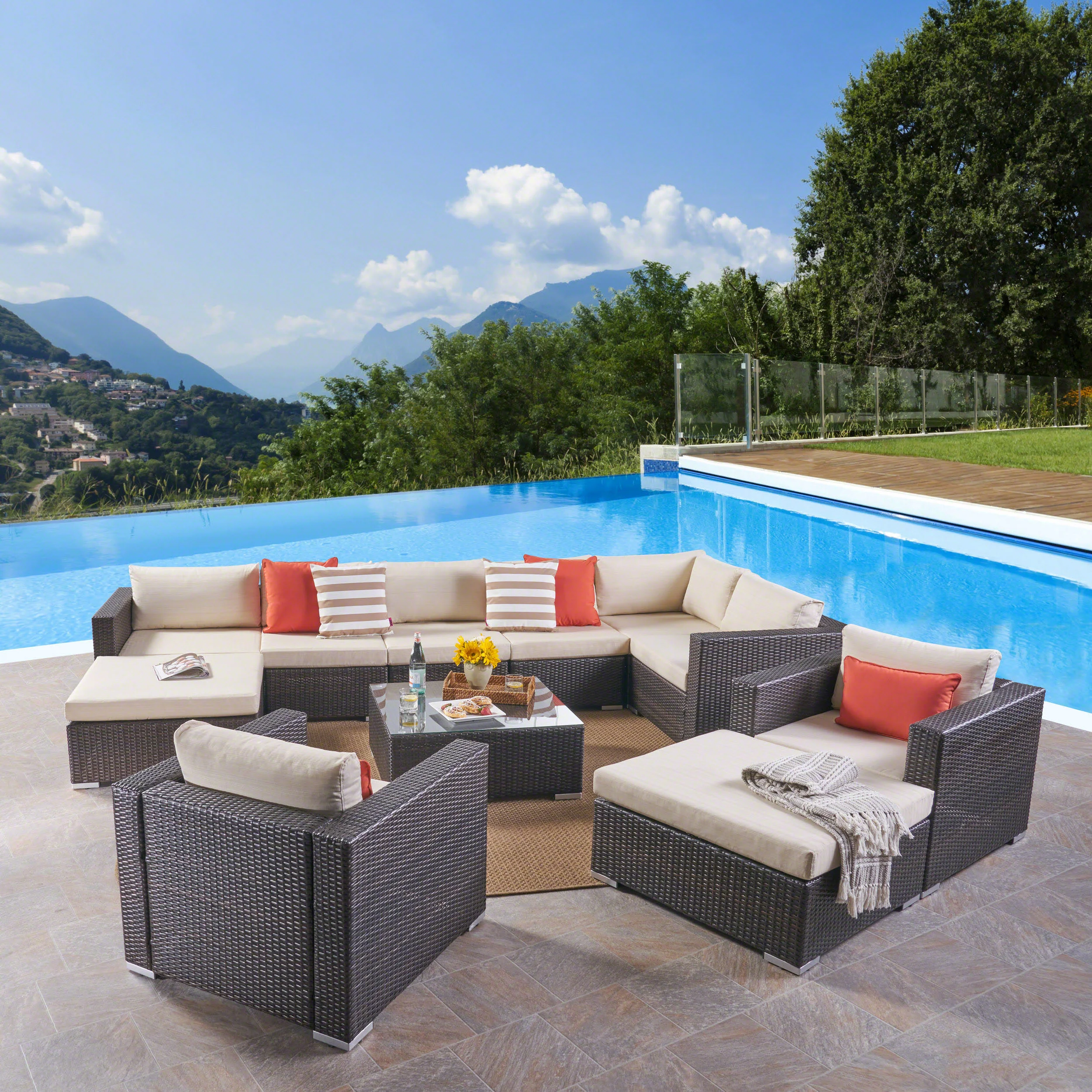 Tom Rosa Outdoor 8 Seater Wicker Sectional Sofa Set with Cushions - furnishings