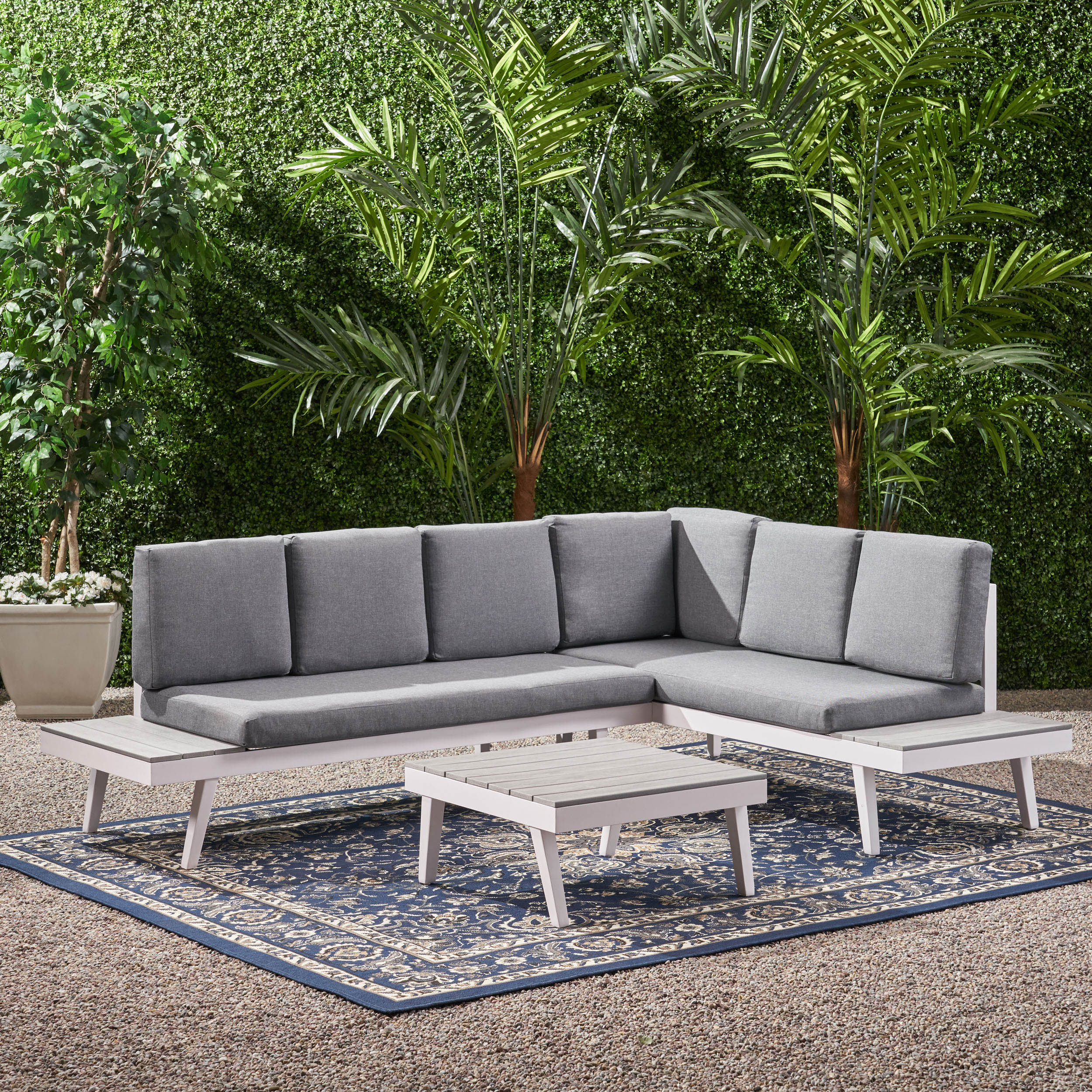 Taylor Outdoor Aluminum Sofa Sectional with Faux Wood Accents, White and Gray - furnishings