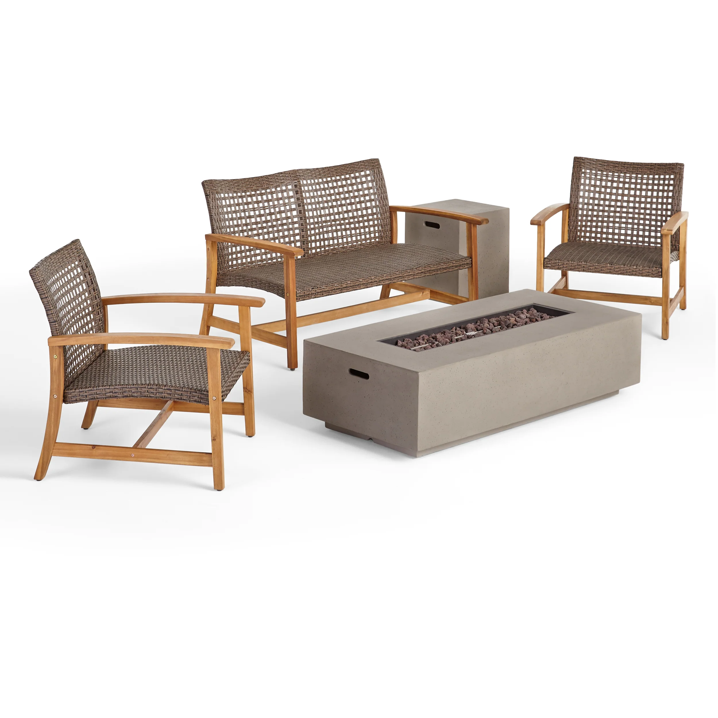 Tabby Outdoor 5 Piece Wood and Wicker Chat Set with Fire Pit - furnishings