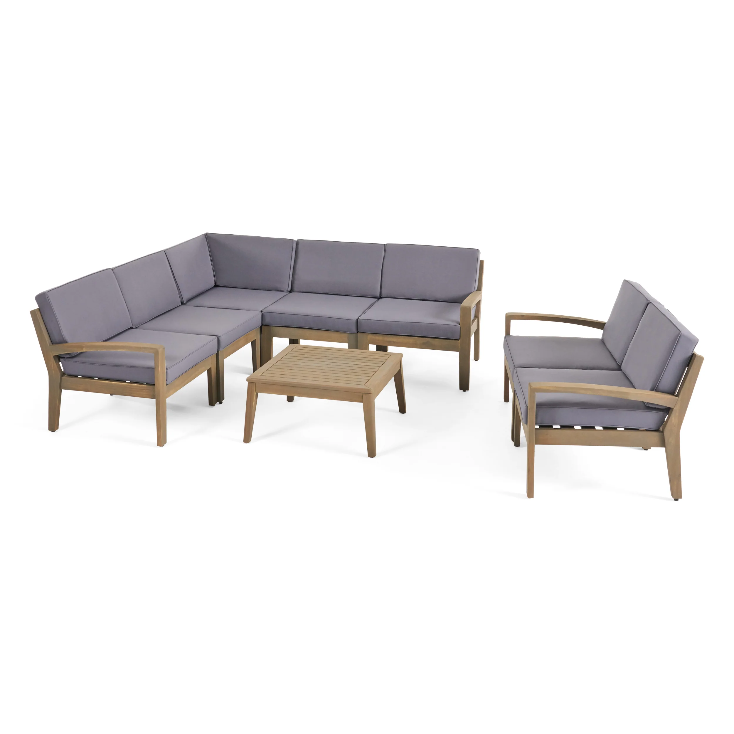 Giselle Outdoor Acacia Wood 7 Seater Sectional Sofa and Loveseat Set with Coffee Table - furnishings
