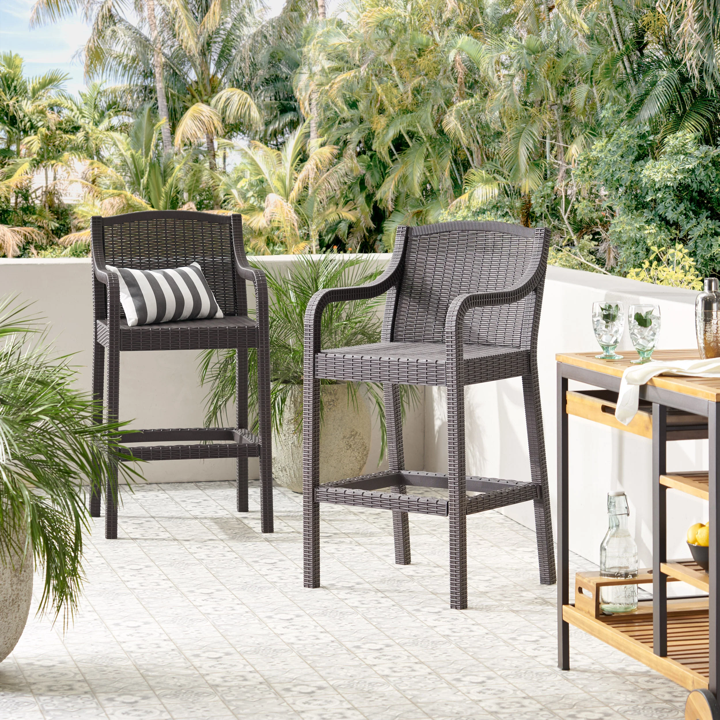 Covecrest Outdoor Faux Wicker Barstools, Set of 2, Dark Brown - furnishings