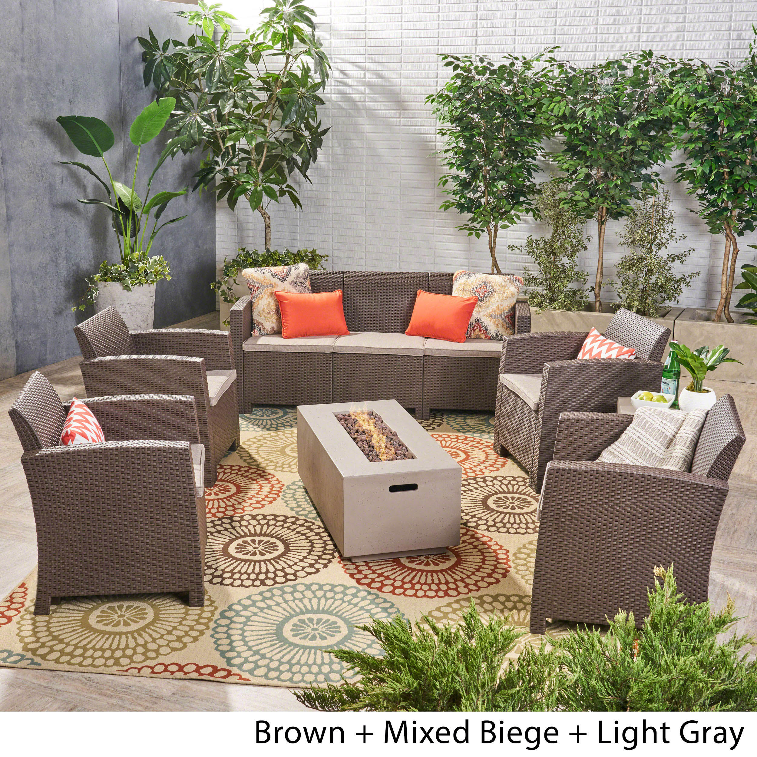 Clay Outdoor 7-Seater Wicker Print Chat Set with Fire Pit and Tank Holder - furnishings