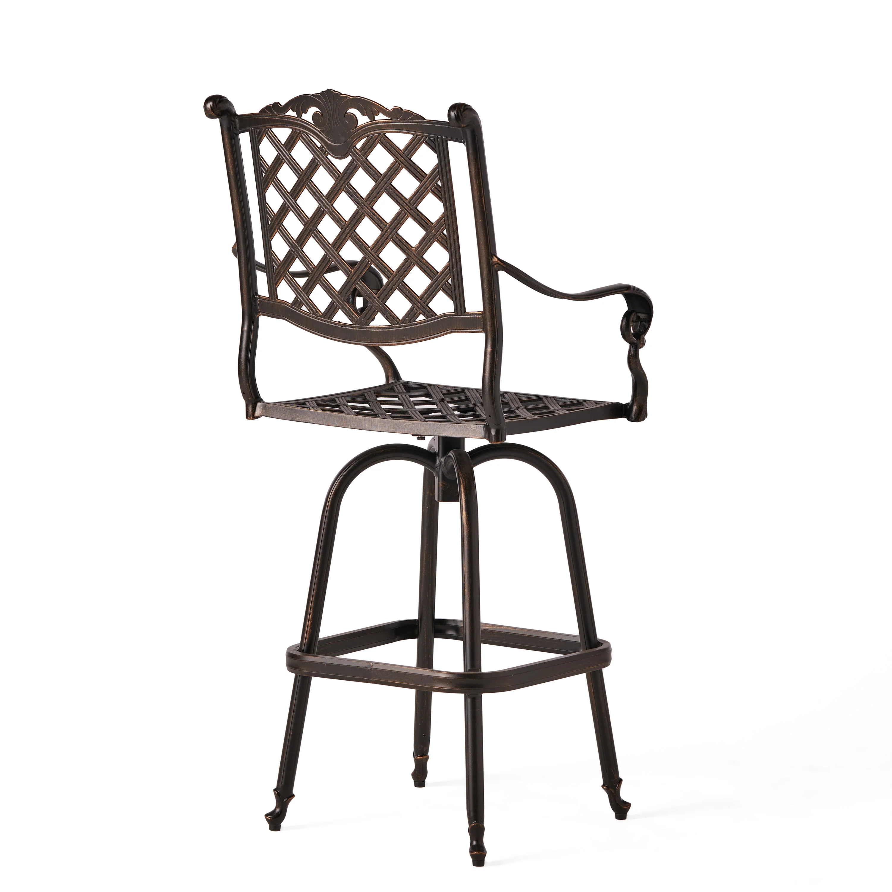 Pomelo Traditional Outdoor Shiny Copper Cast Aluminum Swivel Barstool with Arms - furnishings